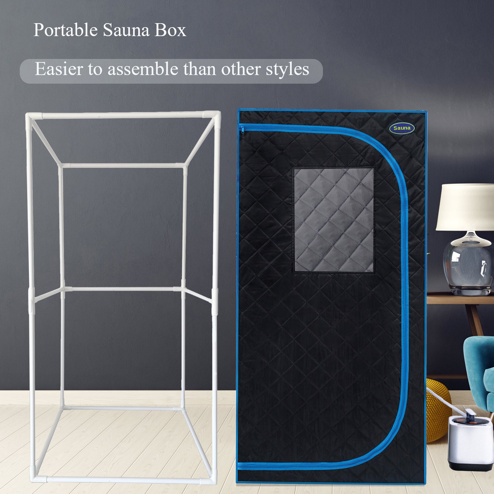 Portable Black Full Size Steam Sauna tent–Personal Home Spa, with Steam Generator, Remote Control, Foldable Chair, PVC pipes. Easy to Install,fast heating, with FCC & UL Certification.