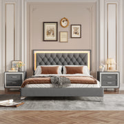 3-Pieces Bedroom Sets,Queen Size Upholstered Platform Bed with LED Lights and Two Nightstands-Gray