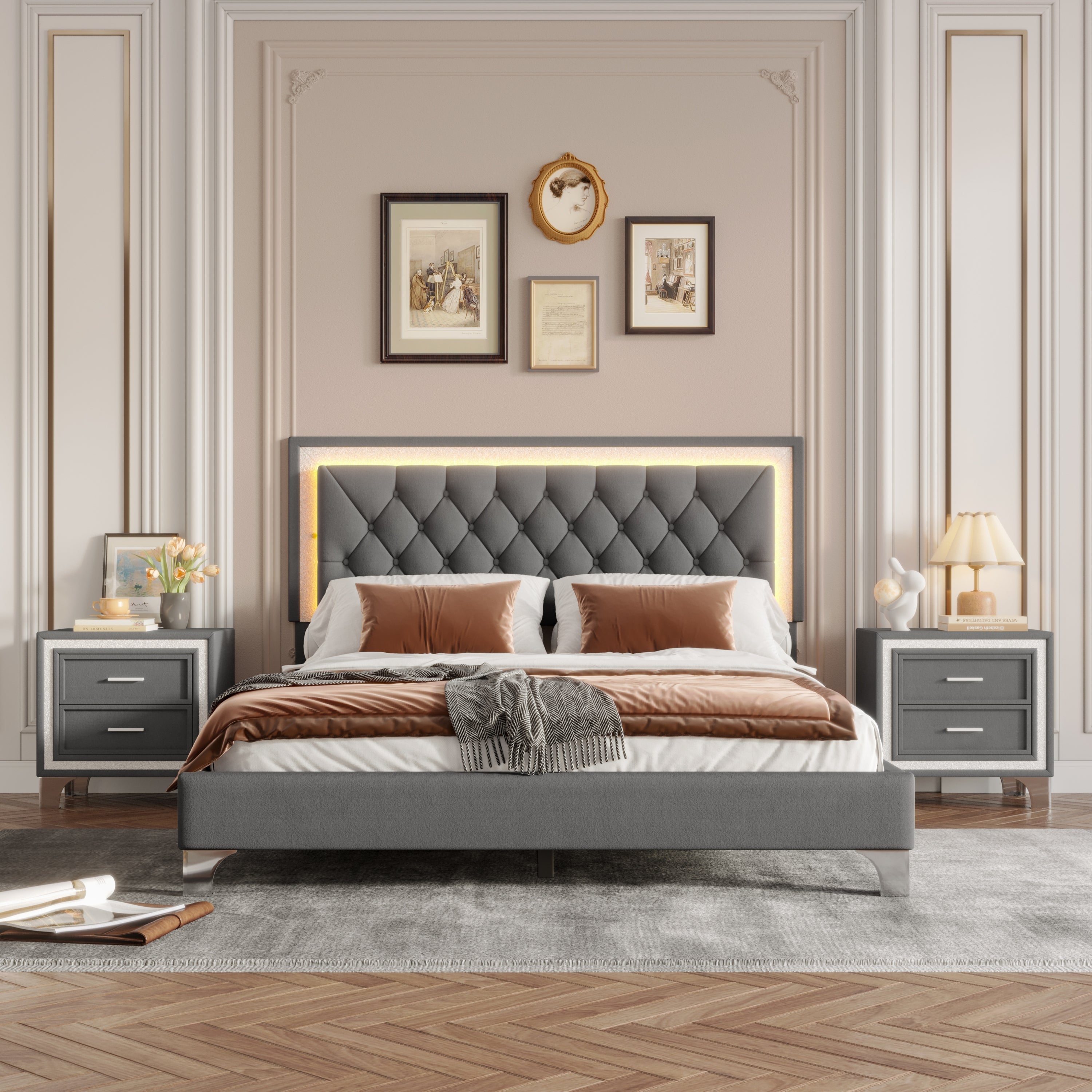 3-Pieces Bedroom Sets,Queen Size Upholstered Platform Bed with LED Lights and Two Nightstands-Gray