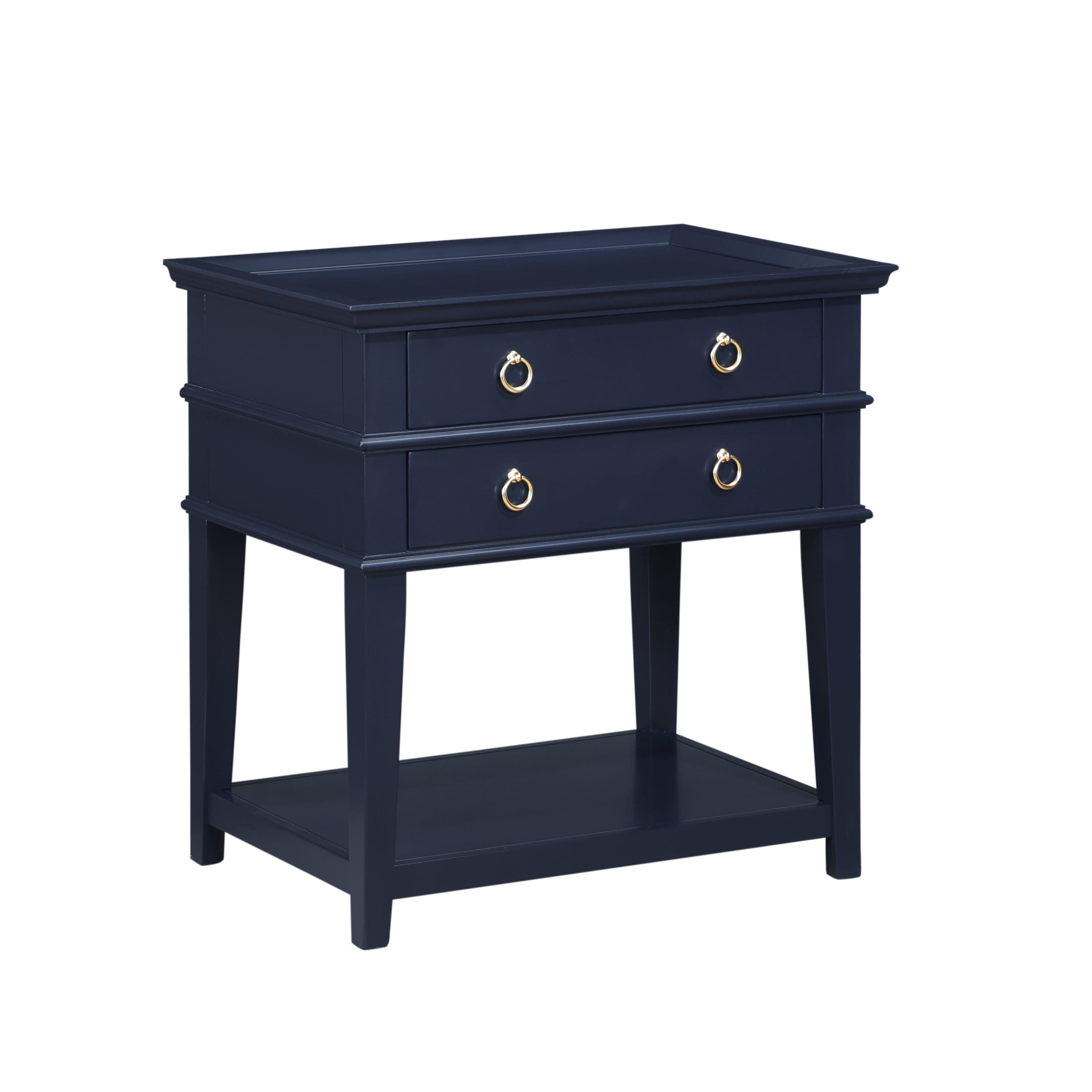 Carmona Midnight Blue 2-Drawer Tray Top Nightstand with Brushed Gold Pulls