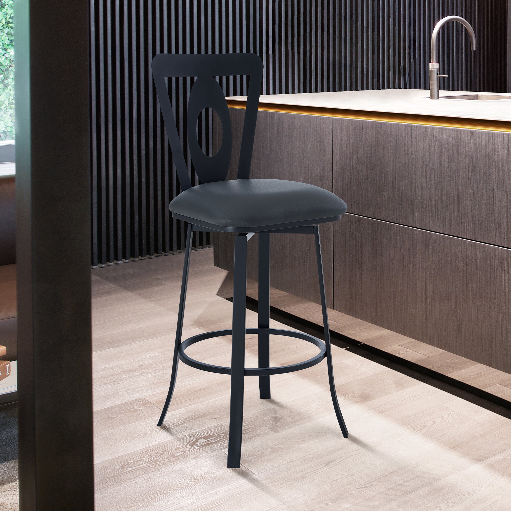 Lola Contemporary 26' Counter Height Barstool in Matte Black Finish and Gray Faux Leather