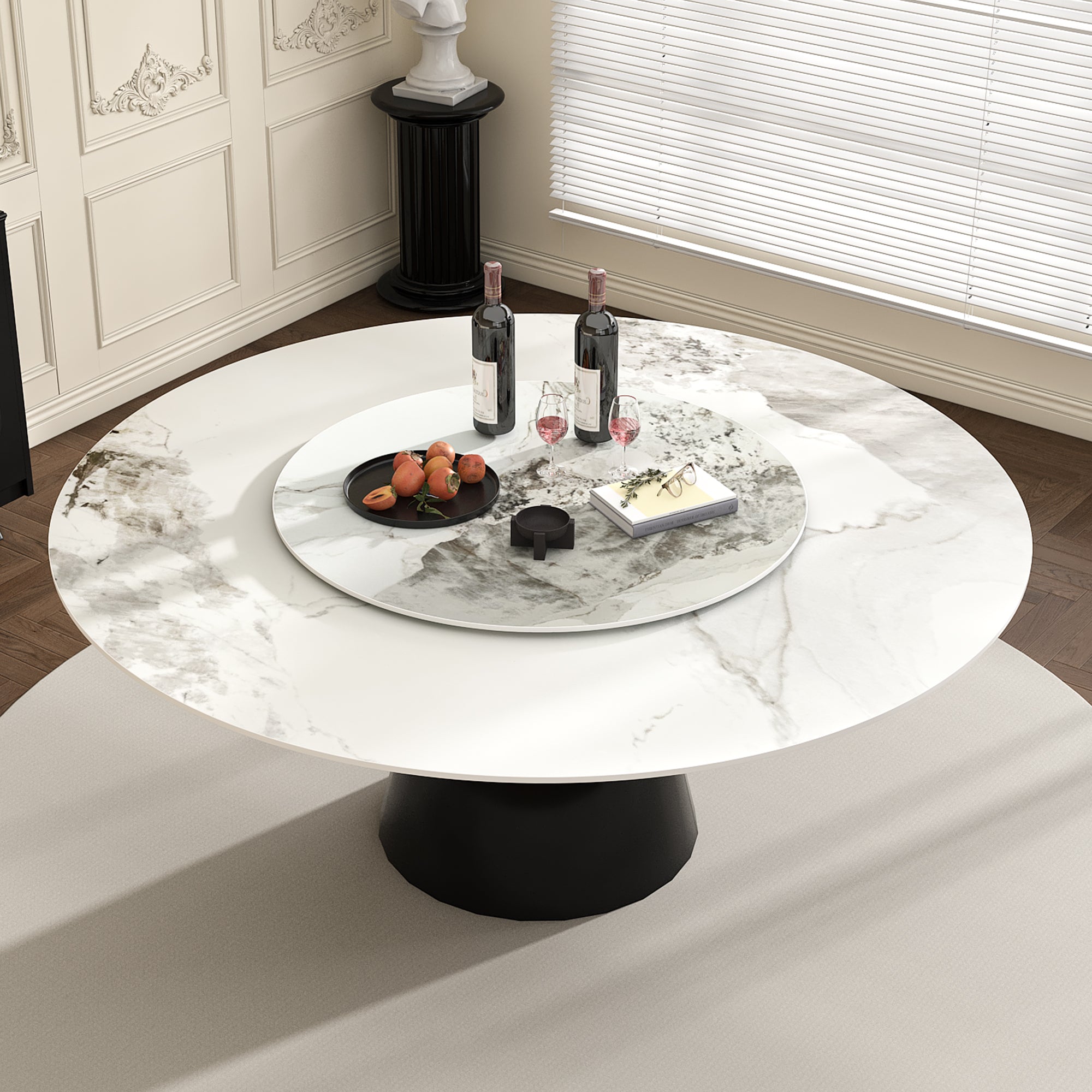 59' Marble Round Dining Table, Sintered Stone Round Dining Table with Stainless Steel Cone Base, Sturdy Dining Table for Kitchen Dining Room for 6-8 people