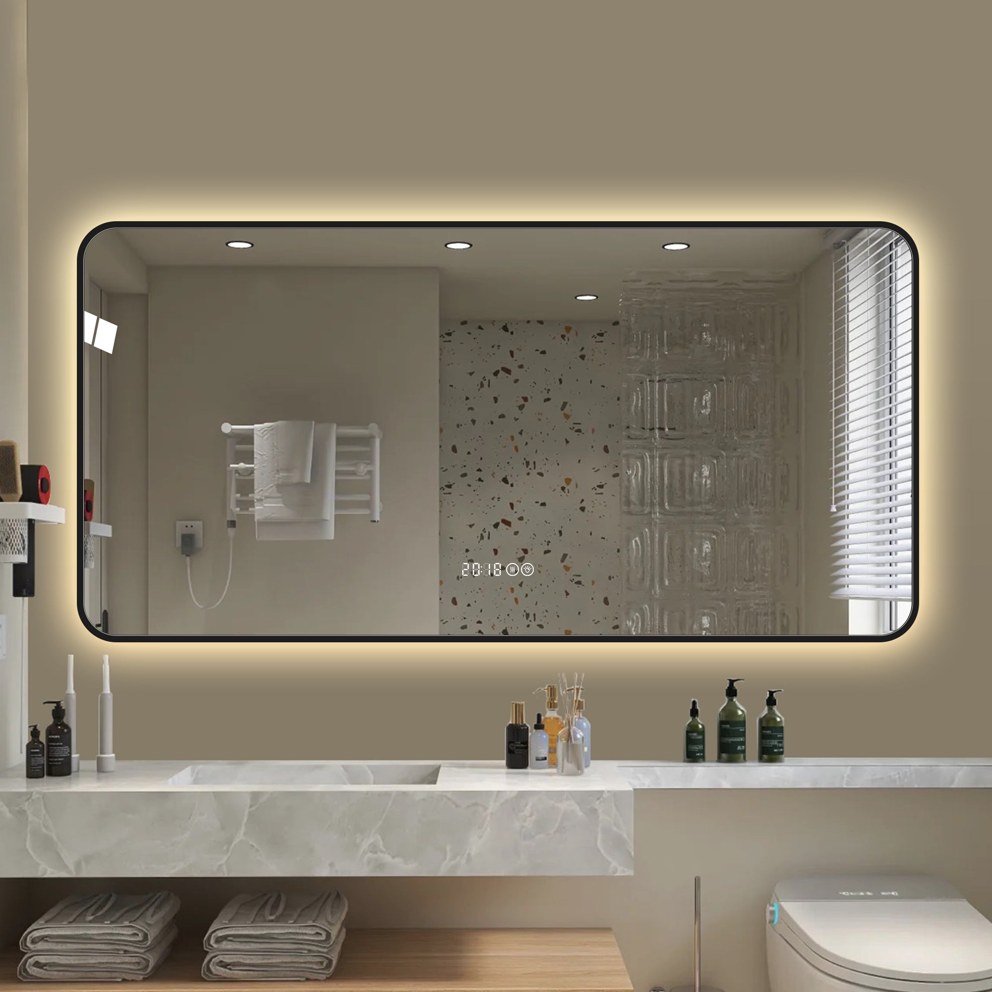 48*24 inch Black frame wall mirror with rounded corners vanity mirror, temperature display, tri color light, defogging, high-quality aluminum alloy frame, high-definition tempered glass