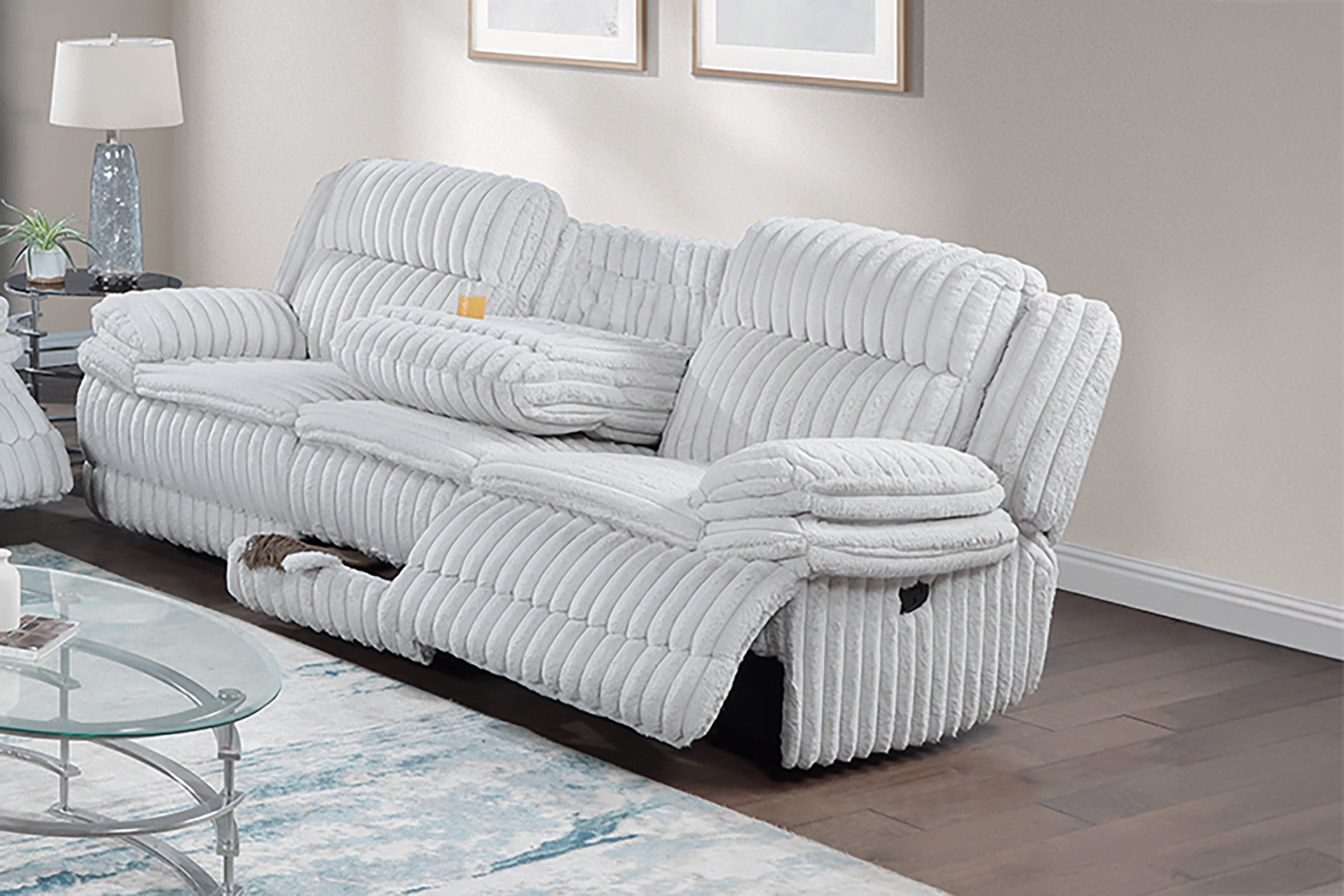 Manual Motion Sofa Recliner Fur-Like Corduroy in Light Gray