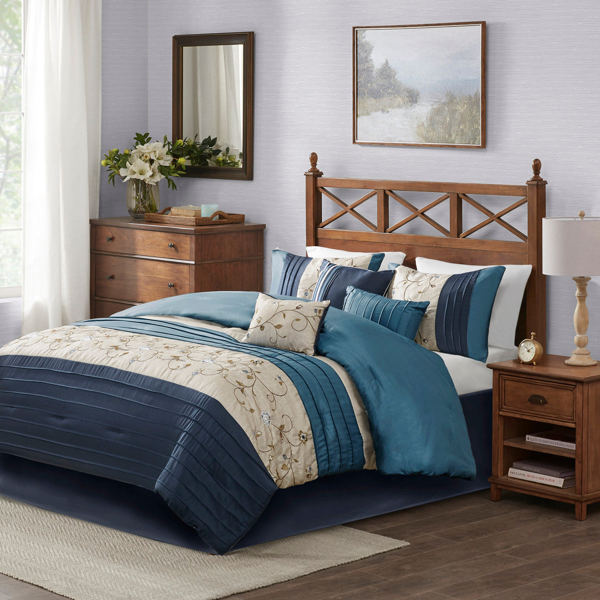 Embroidered 7 Piece Comforter Set Navy Cal King