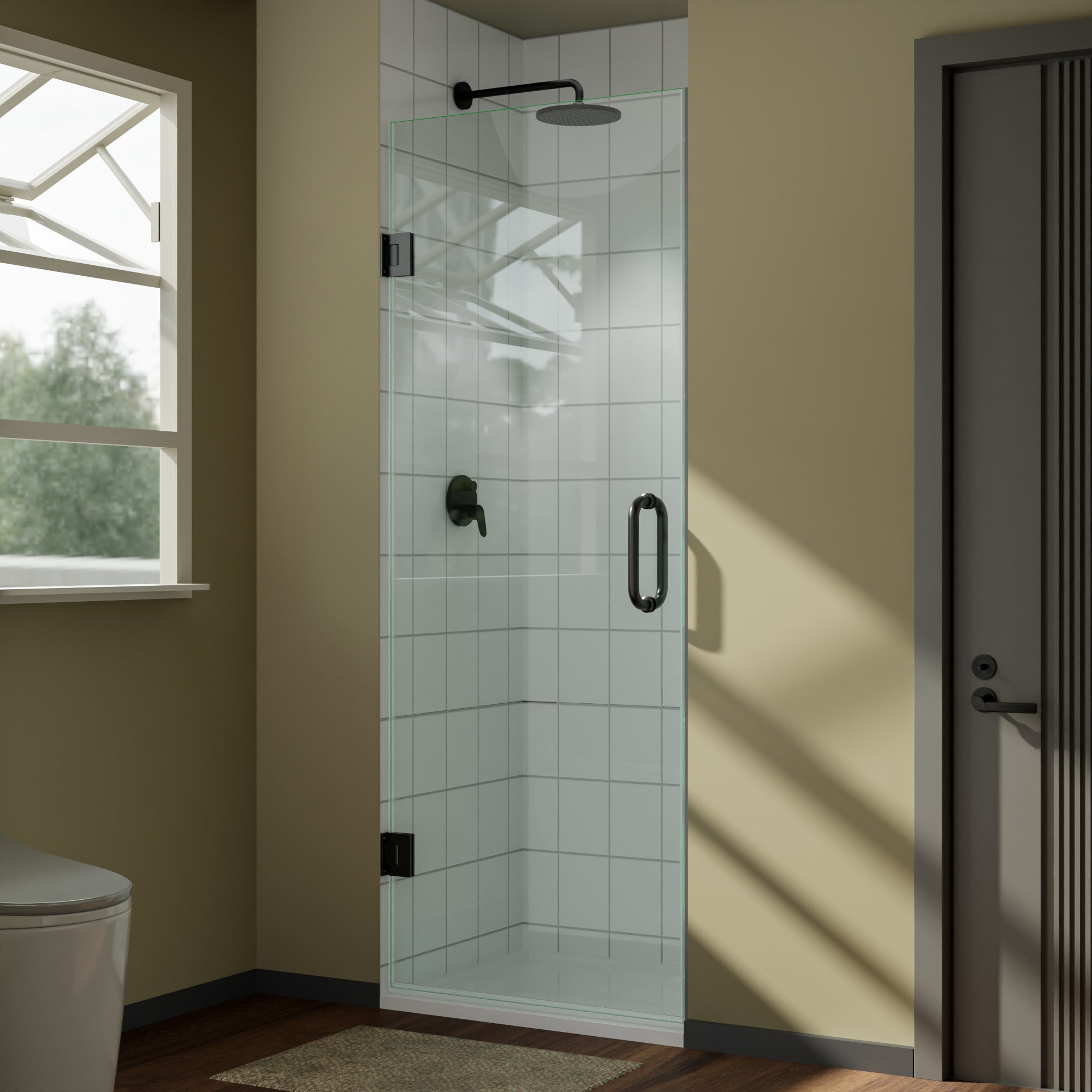 28' W x 72' H Frameless Shower Door - 3/8' (10mm) Tempered Glass, Hinged Single Swing, Reversible Installation, Matte Black Finish