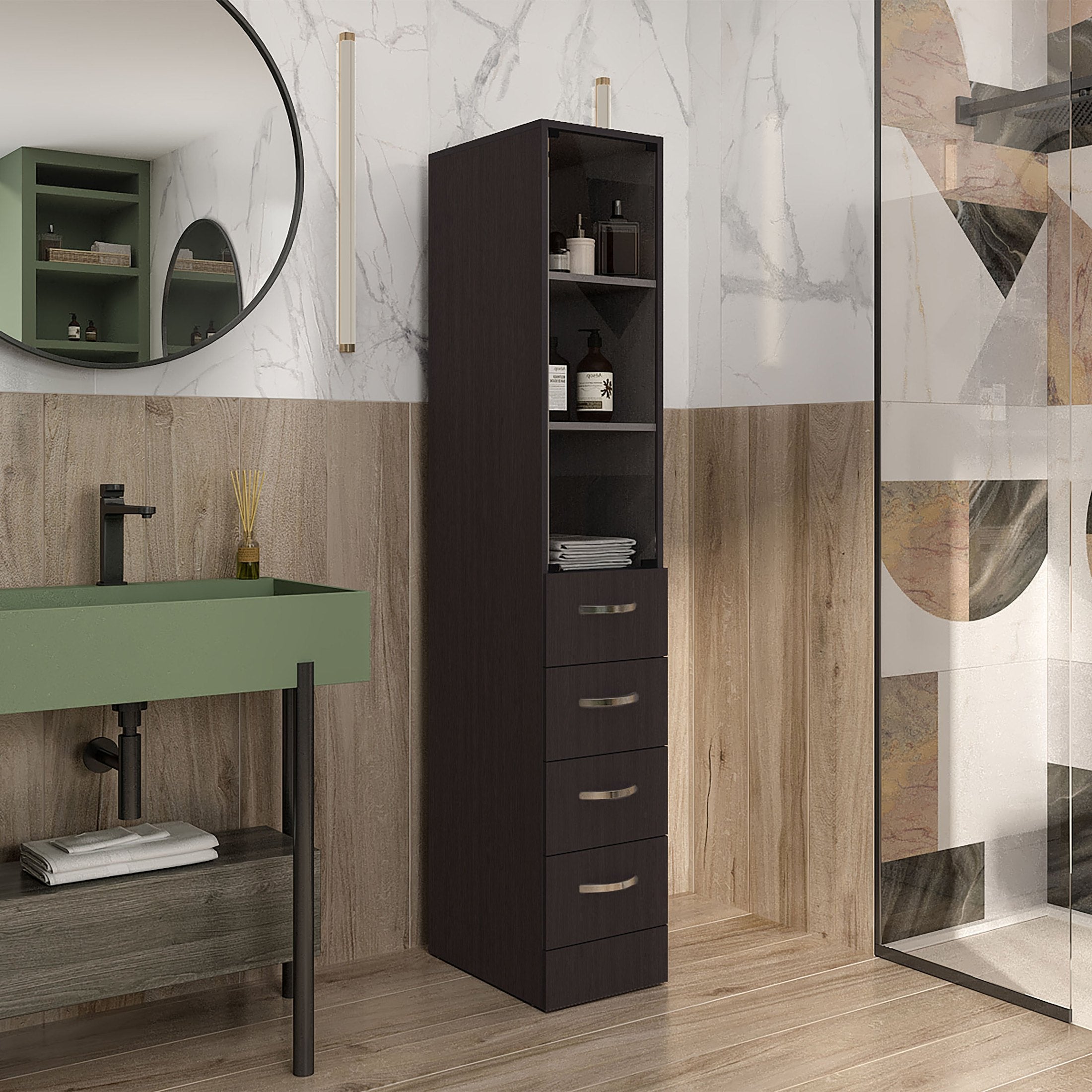 Linen Cabinet 68' H, Three Shelves, Four Drawers and Metal handles