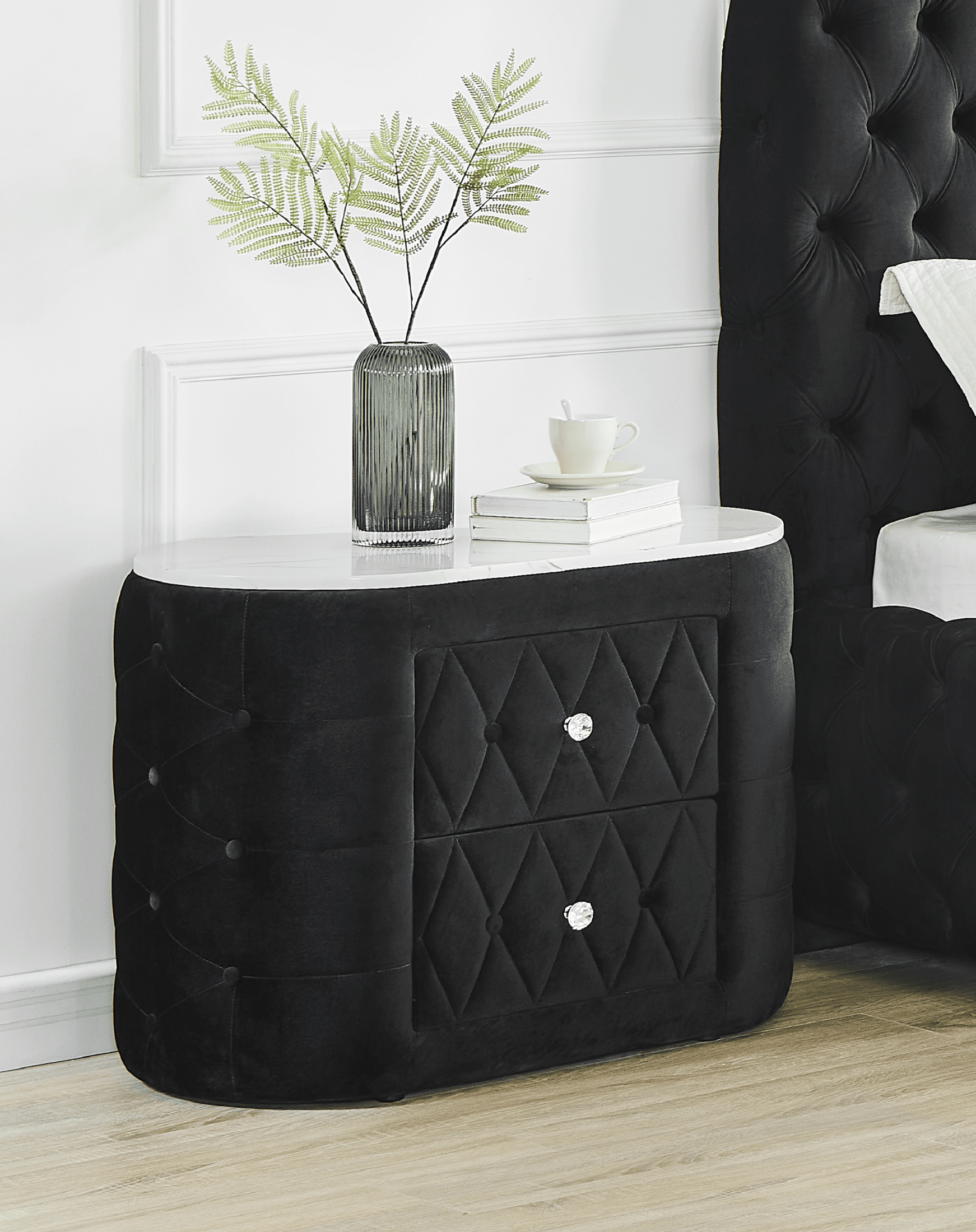 1pc Oval Faux Marble Top Nightstand 2- Drawers Storage Black Finish Button Tufted Faux Crystal Tufted