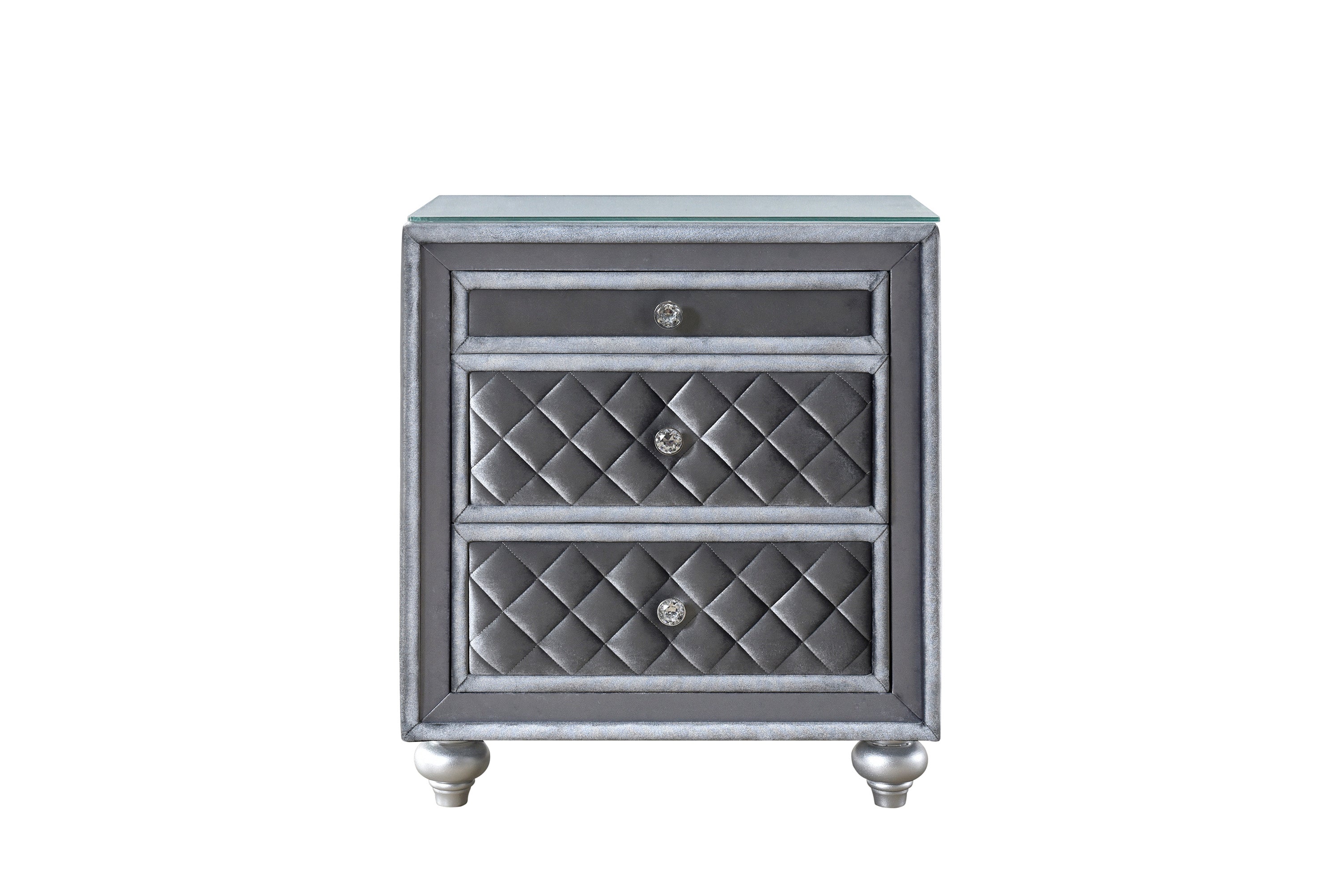 1pc Glam 3-Drawer Nightstand Velvet Tufted Drawer Front Jewelry Tray Faux Crystal Drawer Knobs