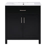 30-Inch Transitional Black Bathroom Vanity with Ceramic Sink and Ample Storage - Solid Wood Feet + MDF Cabinet, Rectangular Undermount Sink, Silver Aluminum Alloy Handles