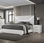 3pc Bedroom Set White High Gloss Finish Queen Size Bed 2x Nightstands LED Headboard Furniture