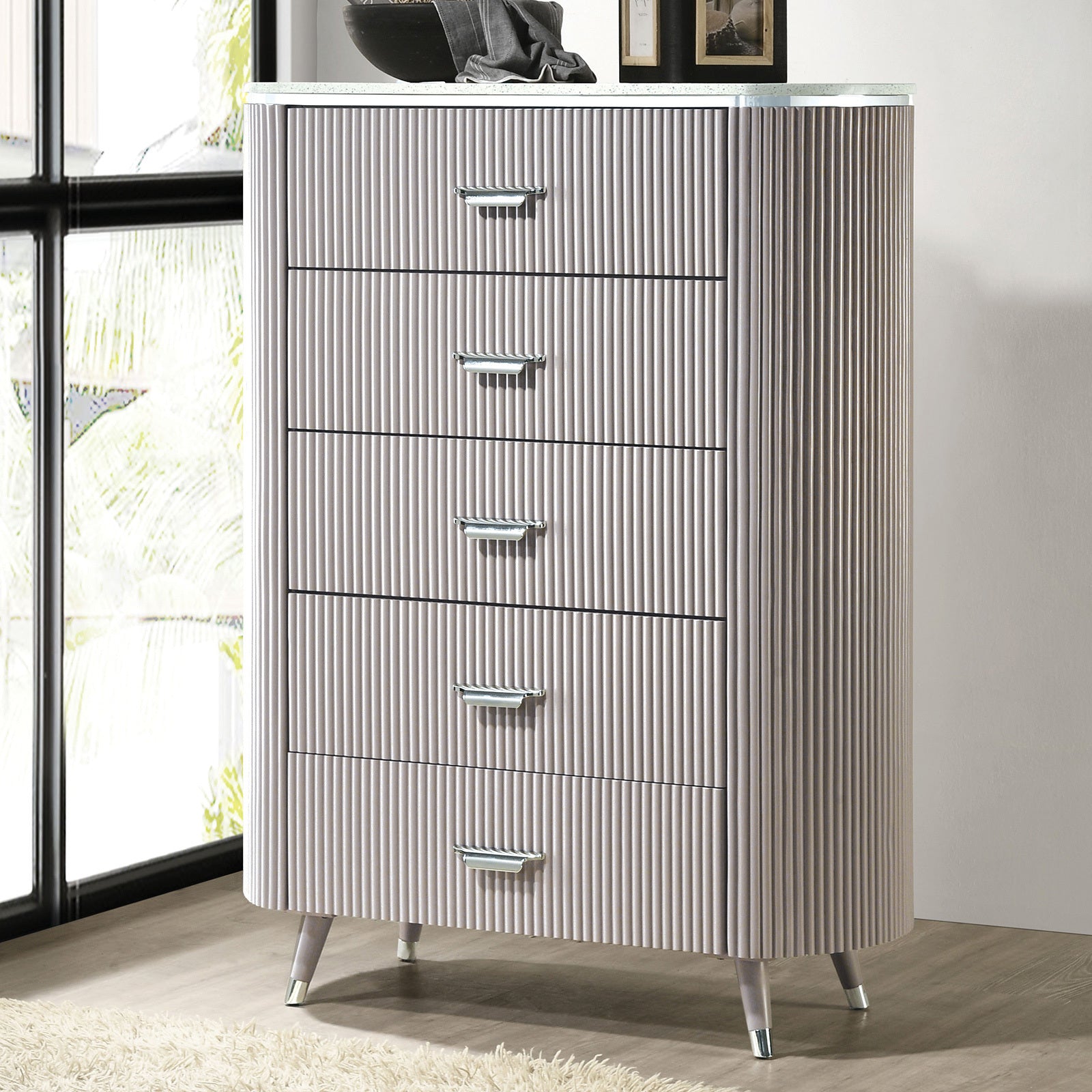 Unique Contemporary Style 1pc Chest Cultured Stone On Top English Dovetail Drawers Chrome Handles Angled Legs Light Gray Finish Bedroom Furniture