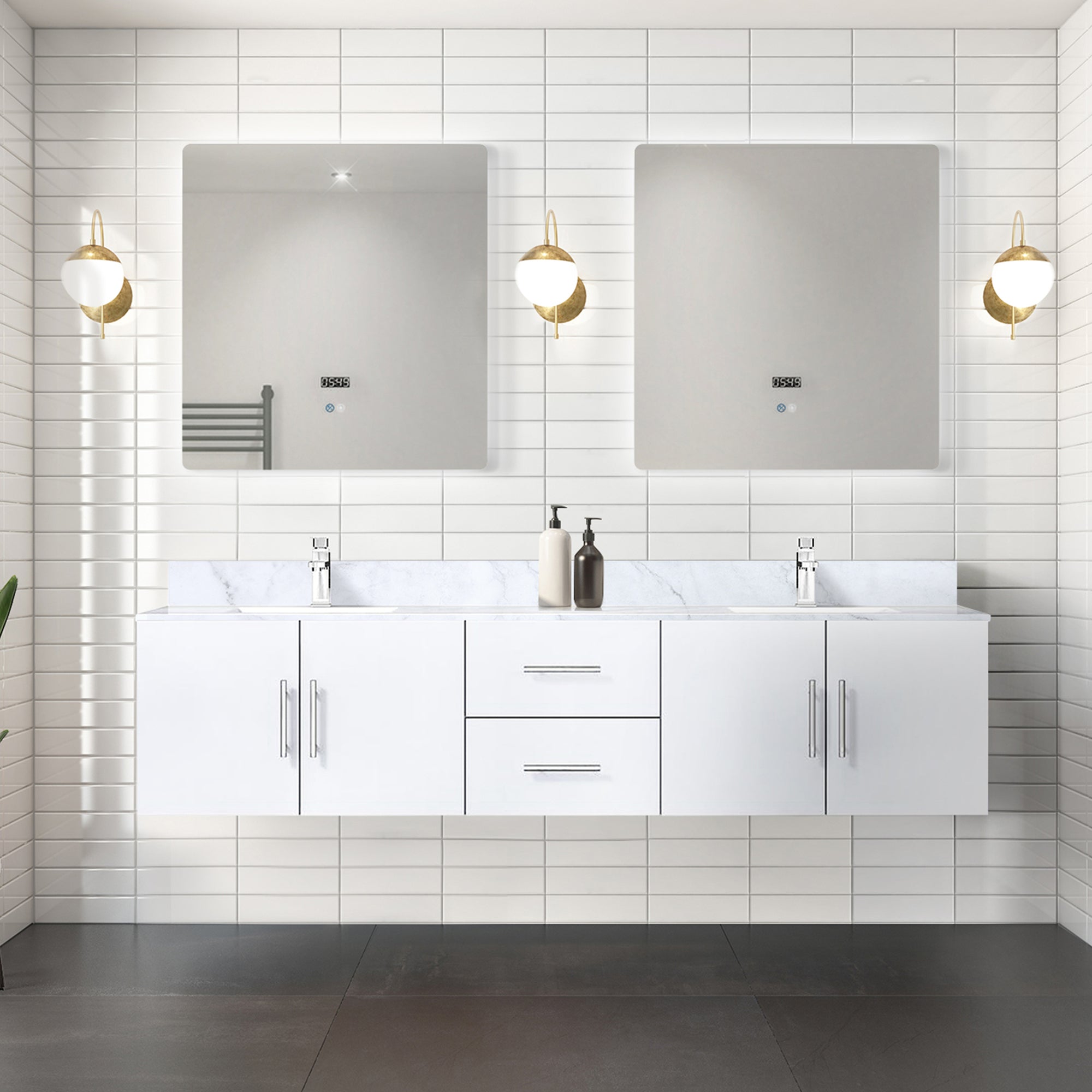 Glossy White Double Bath Vanity 80 in. W x 22 in. D, with Carrara Marble Top