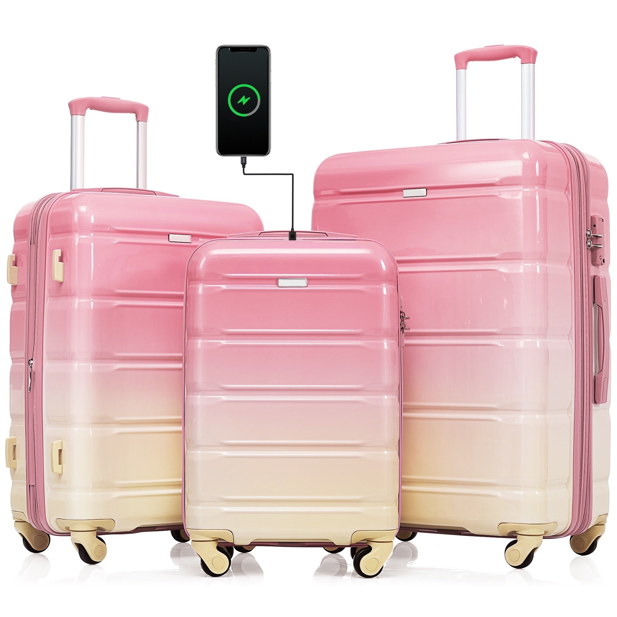 Luggage Set of 3, 20-inch with USB Port, Airline Certified Carry-on Luggage  , ABS+PC Hard Shell Luggage with Spinner Wheels,pink