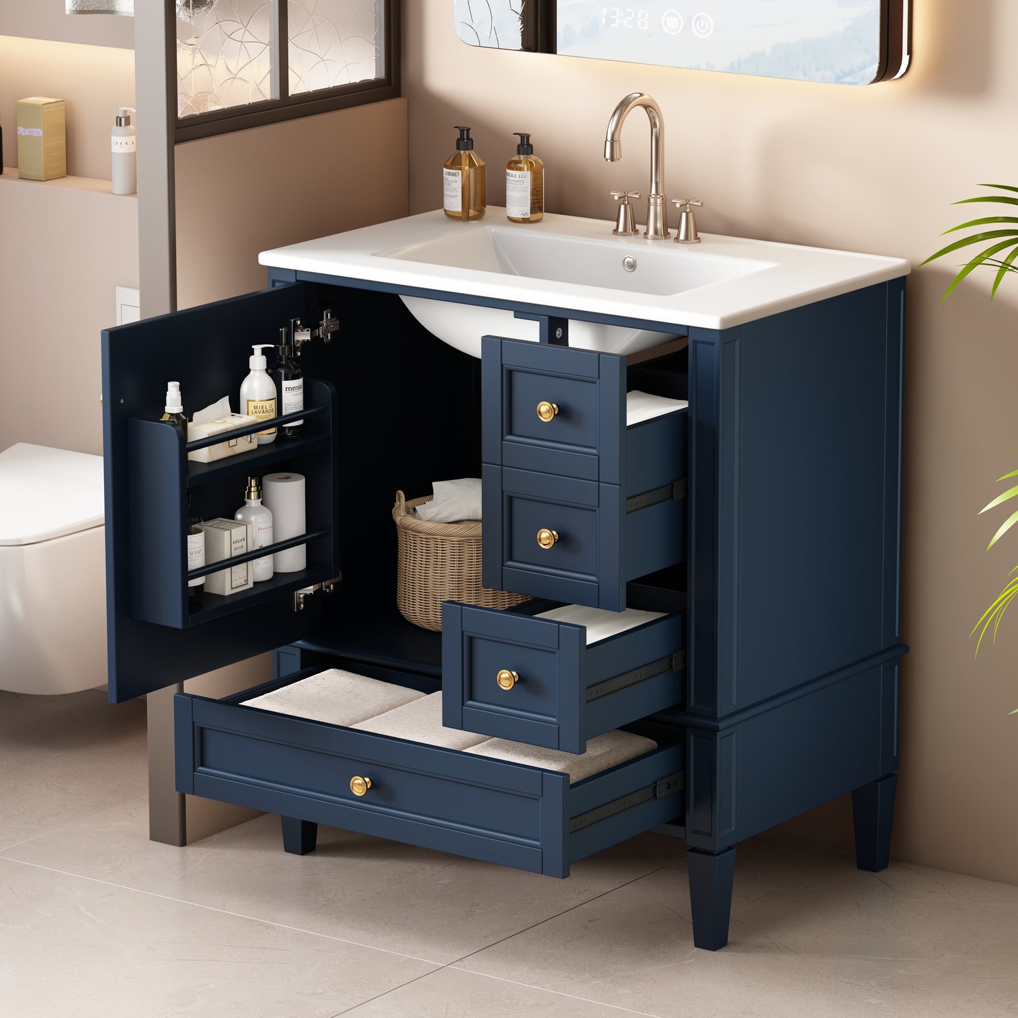 30 Inch Bathroom Vanity with Ceramic Sink, Bathroom Vanity with 3 Drawers, Solid Wood Frame Modern Bathroom Storage Cabinet , Ideal for Home