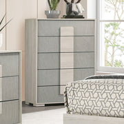 Contemporary Style French Dovetail Drawer Chest 1pc Two Tone Design Center Metal Glides Wooden Panels White Wash And Stone Gray Finish Bedroom Furniture