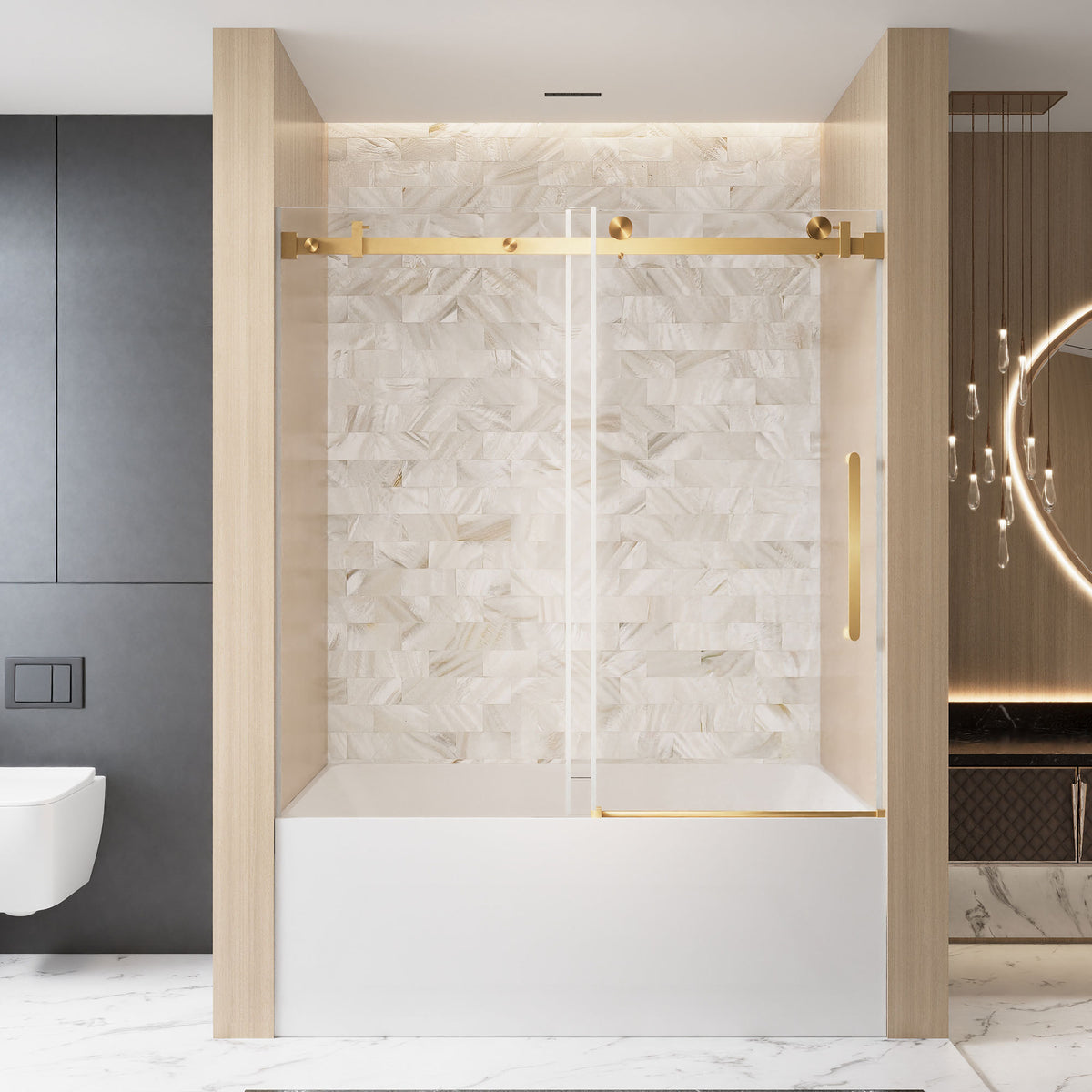 Frameless Single sliding shower door  56-60 'W x 60' H, 1/4 '(6 mm) Clear Tempered Glass, Explosion Proof Film, Stainless Steel Handle Square Tube Track ,Brushed Gold