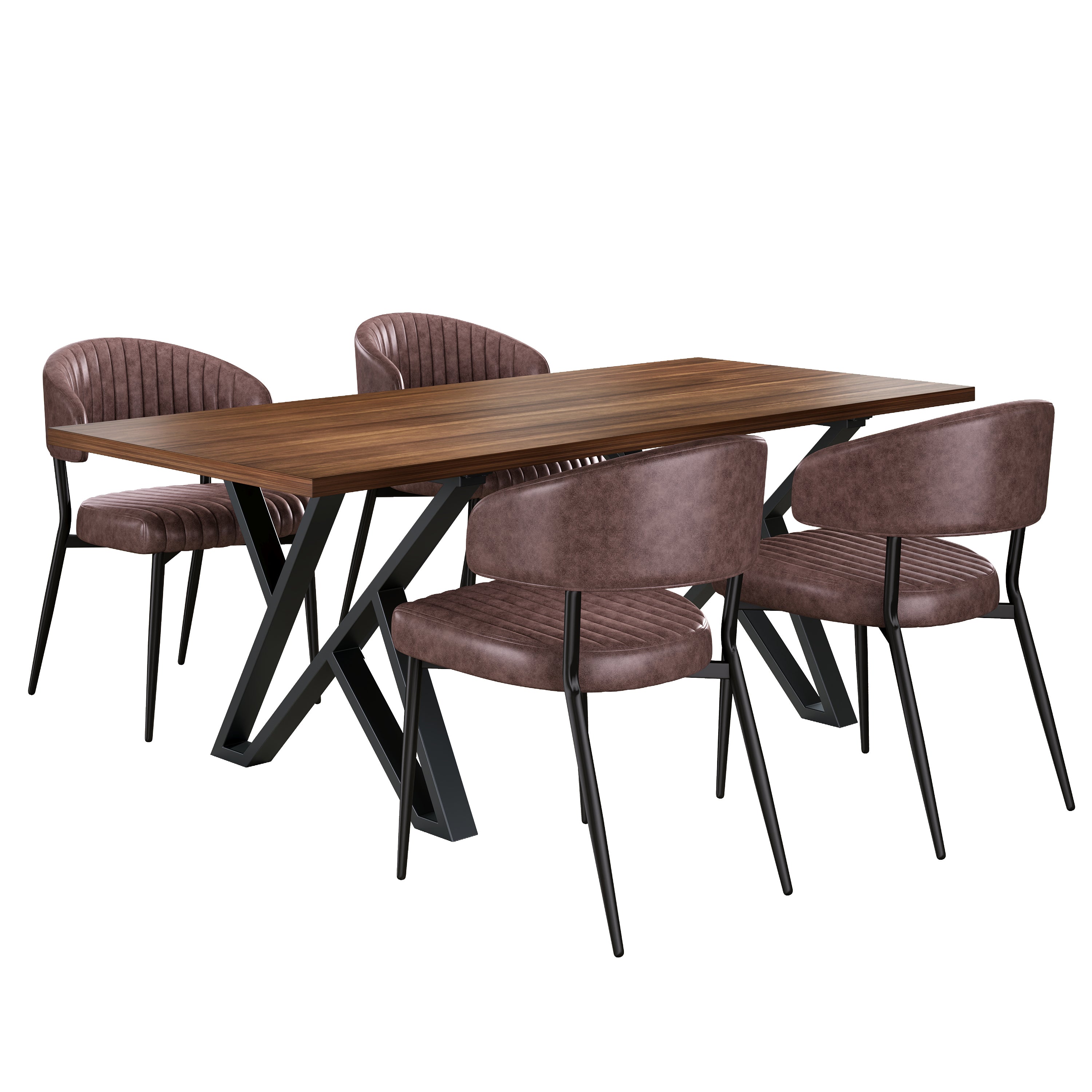 5 Pieces Contemporary Faux Leather Dining Set with Table,Brown,+Black+ Walnut Finish