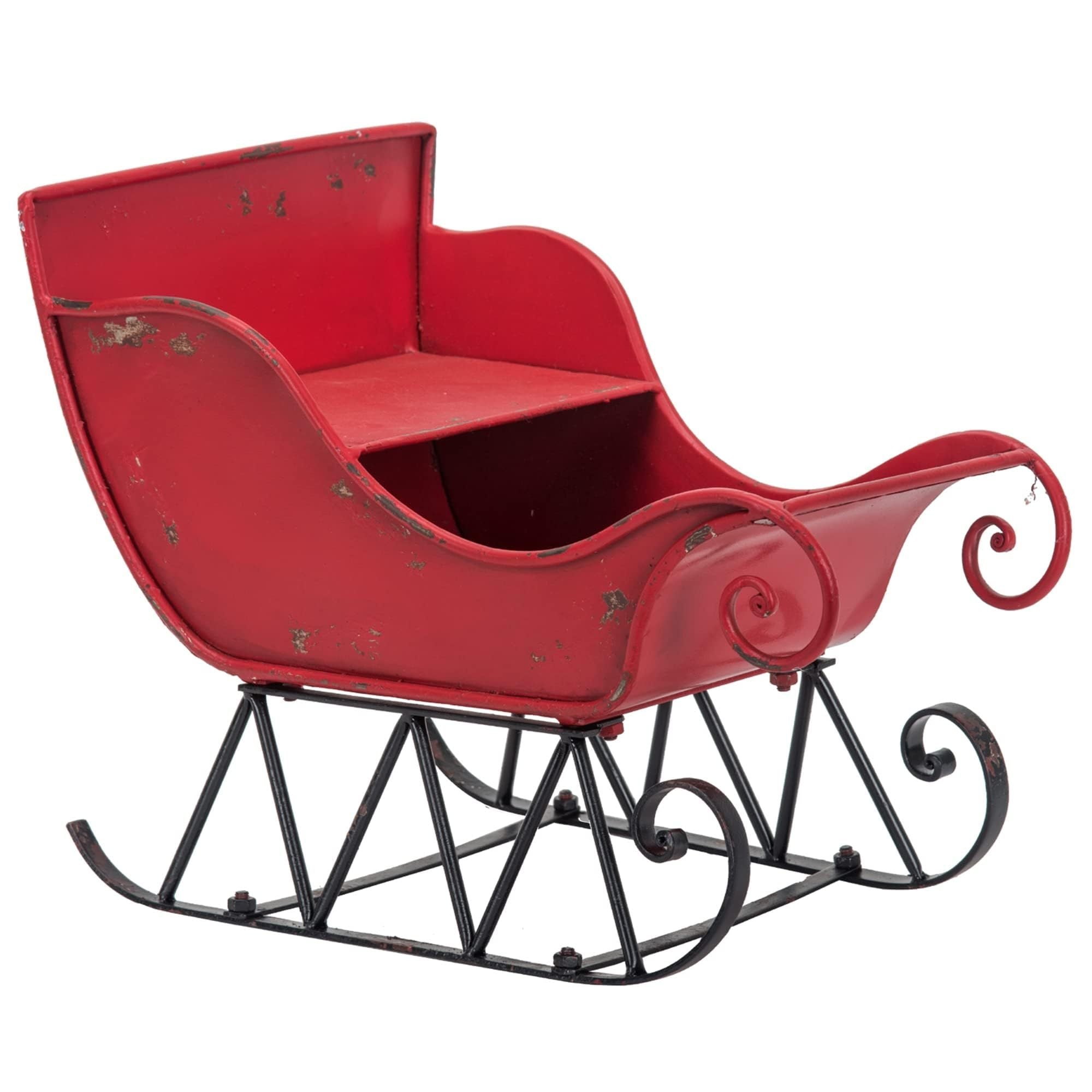 39x17.7x22'H Iron Red/Black Sleigh Large, Distressed Christmas Santa Sleigh Holiday Decoration