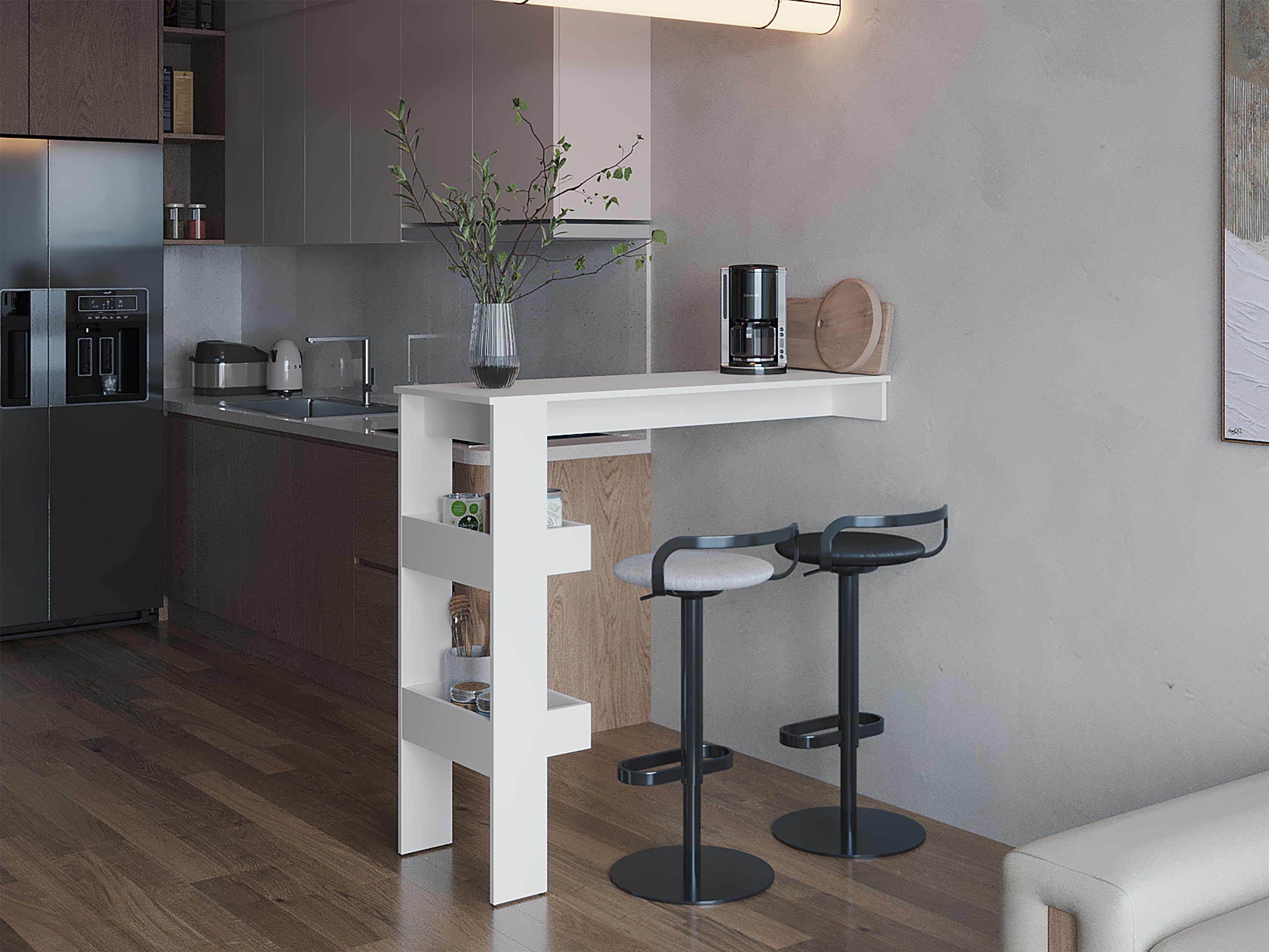 Aurora Bar Table with Storage Shelf, Modern Design for Home Bar, Kitchen or Dining Room, White