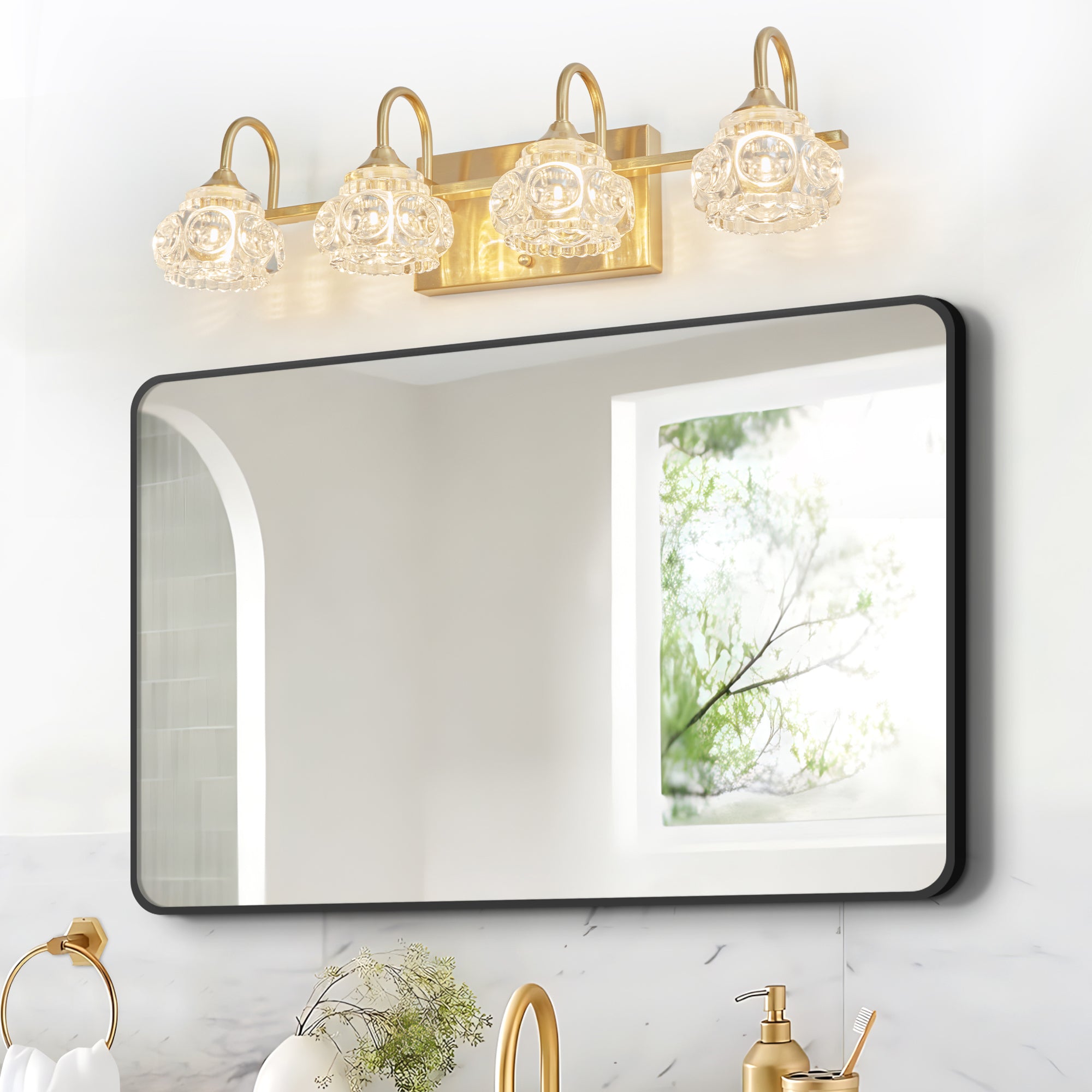 23' Modern Crystal Bathroom Vanity Light, 4-Light Golden Wall Sconce with Clear Glass Shade, Elegant Wall Mount Lighting for Bathroom, Powder Room, or Vanity Mirror (No Bulbs)