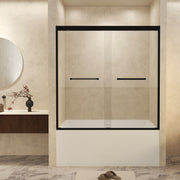 56-60' W × 60' H Tempered Glass with Explosion Proof Film, Aluminum Frame Double Sliding Shower Door, '1/4 (6 mm), Stainless Steel handle, Matte Black