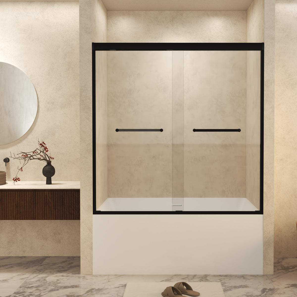 56-60' W × 60' H Tempered Glass with Explosion Proof Film, Aluminum Frame Double Sliding Shower Door, '1/4 (6 mm), Stainless Steel handle, Matte Black