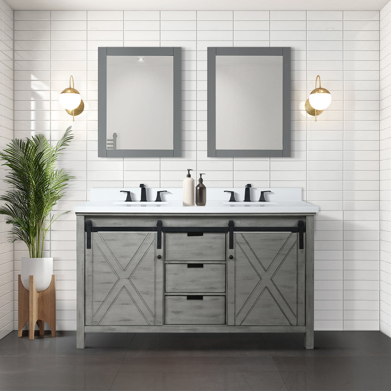Ash Grey Double Bath Vanity 60 in. W x 22 in. D, White Quartz Countertop and Faucet Set