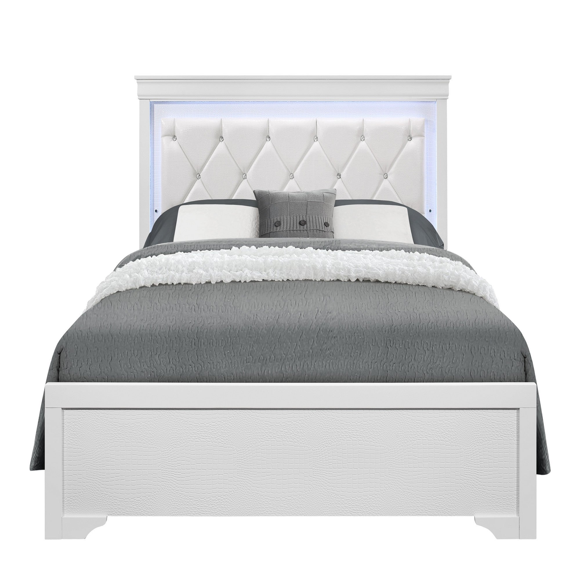 Modern Shaker White Full 5PC Bedroom Set with LED Lighting and Tufted Headboard