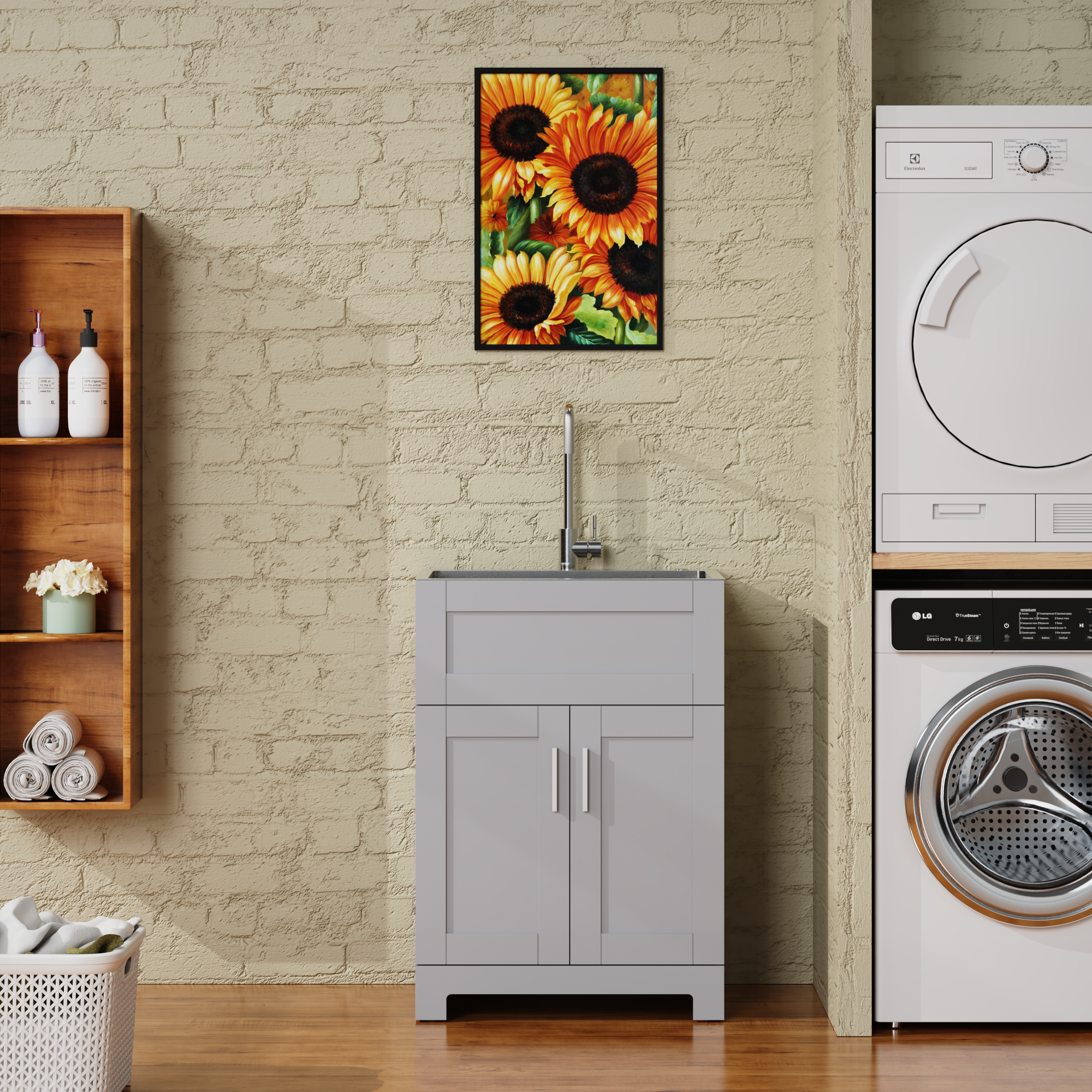 24' Bathroom Sink Vanity Laundry Utility Cabinet w/ Stainless Steel Sink Combo, Gray