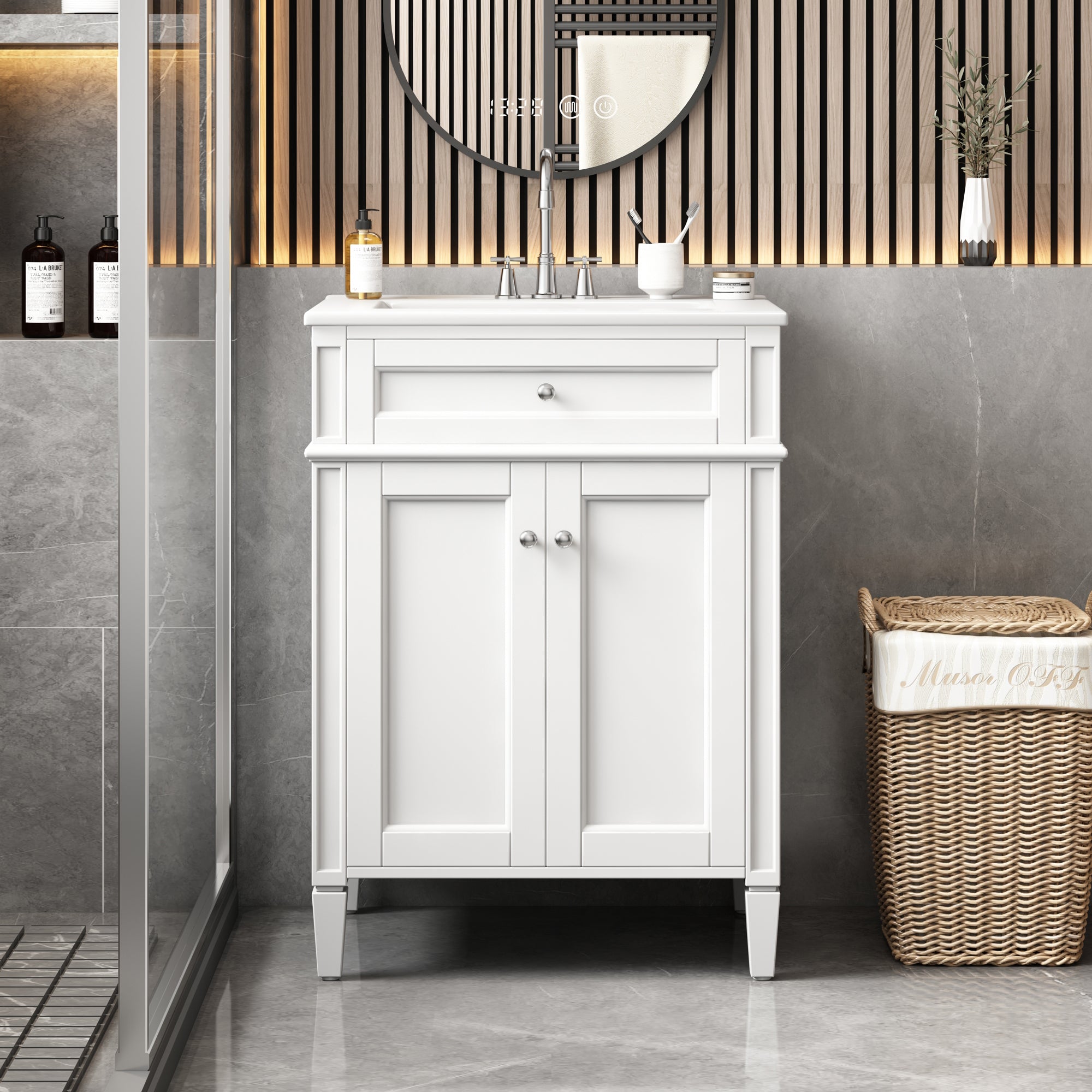 24' Bathroom Vanity with 2 Doors and Tip-Out Drawer, Bathroom Storage Cabinet with Sink, Soft-Closing Doors with Organizers