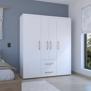 Bariloche Wardrobe, Multi-Section Storage with Hanging Rods, Shelves, and 2 Drawers White