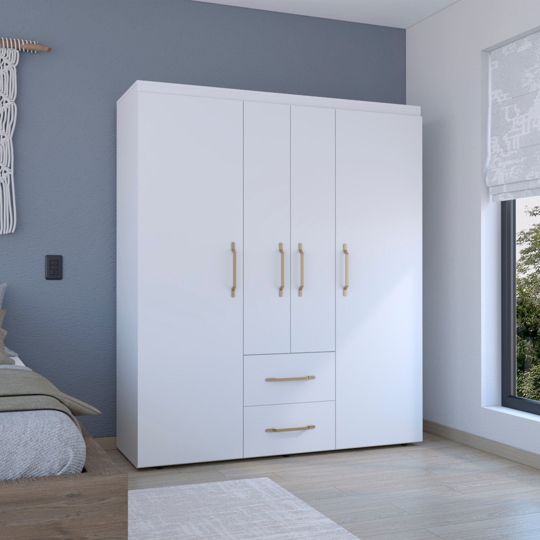 Bariloche Wardrobe, Multi-Section Storage with Hanging Rods, Shelves, and 2 Drawers White