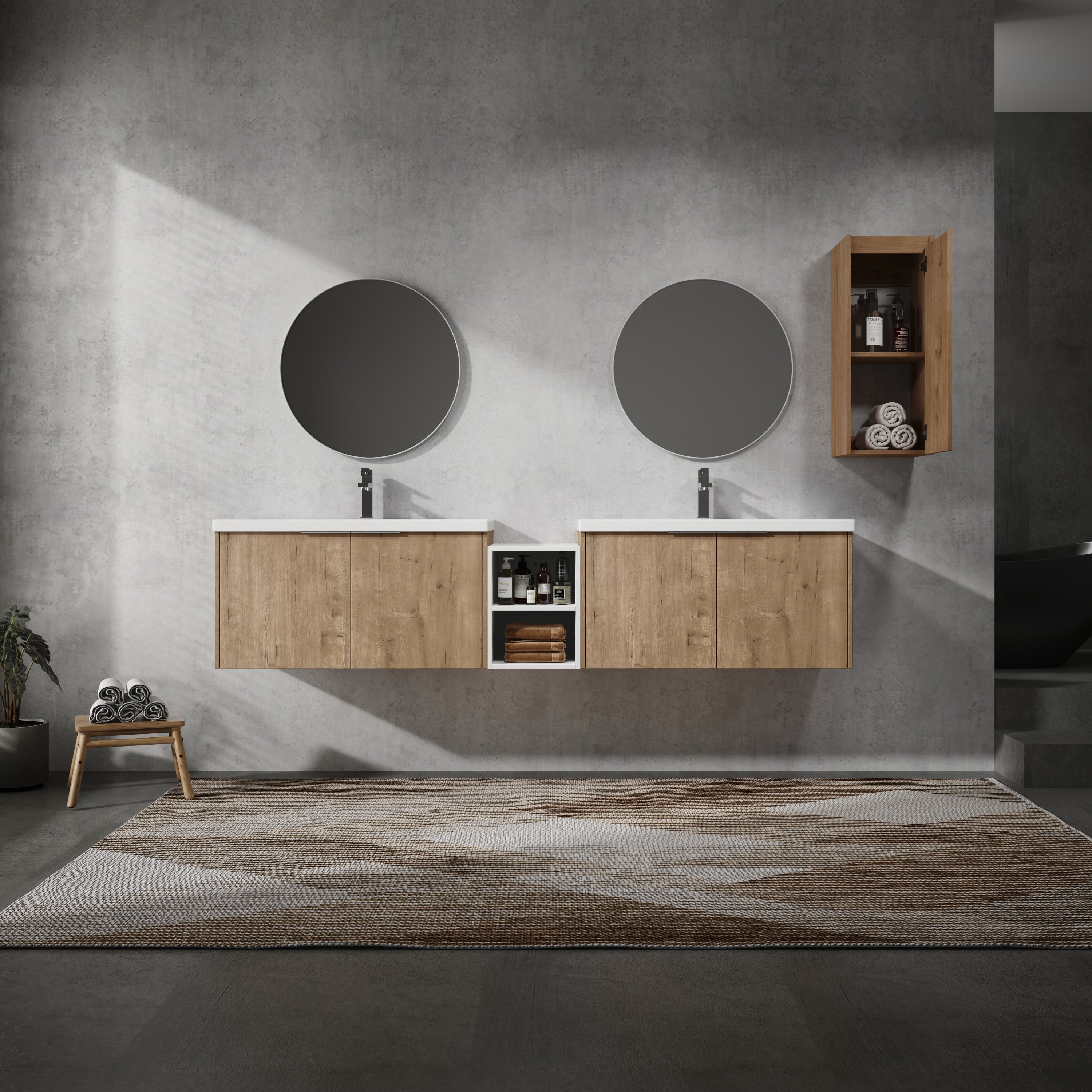 84' Wall-Mounted Bathroom Vanity With Sink and Side Cabinet, Soft Close Doors,00112IMO-00636IMOx2-0612GWH Combination Cabinet(KD-Packing)