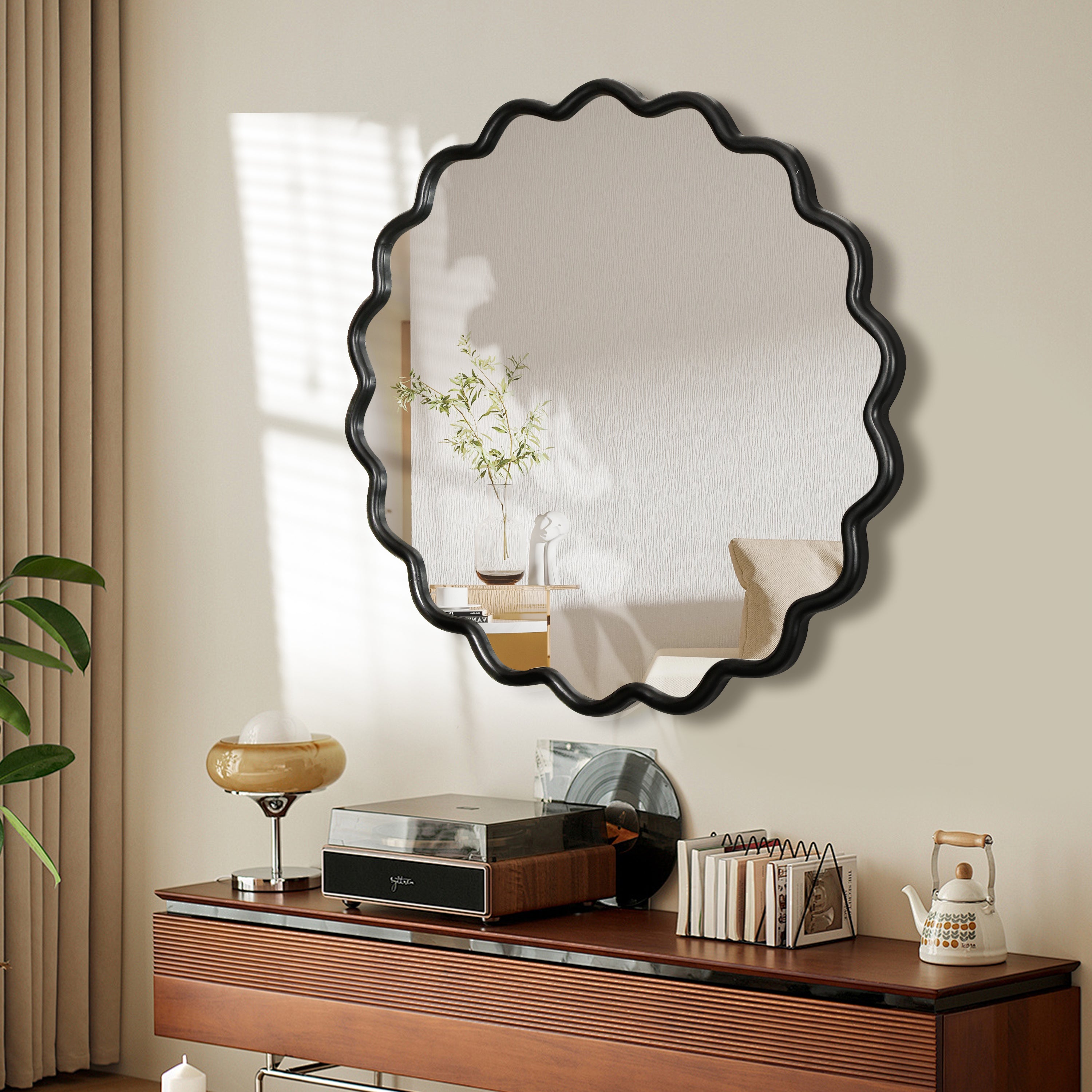 Solid Wood Wavy Mirror-Black Vanity Mirror Wall Decor 42' x 42' Modern Mirror Wall Decor for Bathroom, Bedroom, Living Room, Dining Room, Cloakroom, Entryway