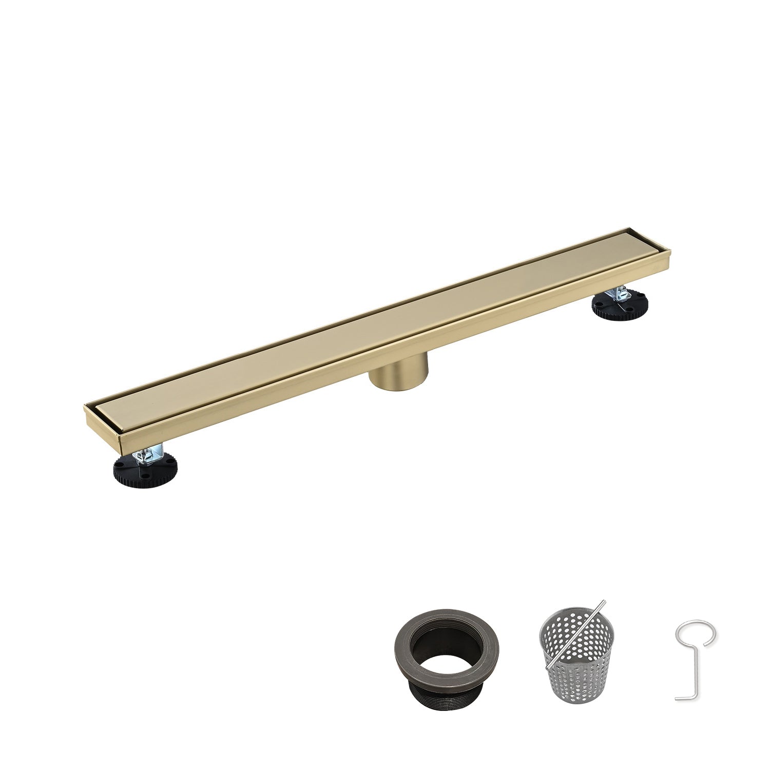 24 Inch Linear Shower Drain with Removable Cover, 304 Stainless Steel Shower Floor Drain with Hair Strainer and Leveling Feet