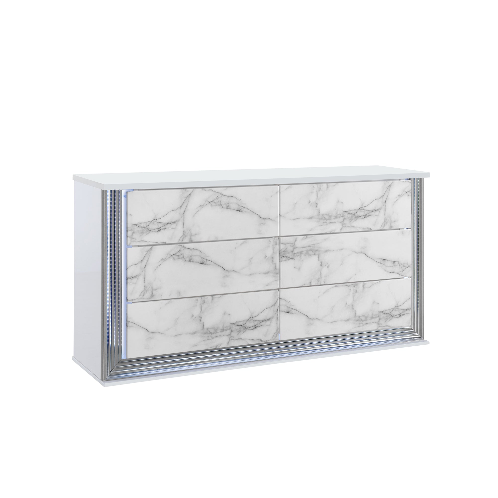 Moon White Marble Dresser with LED Lighting Solid Wood MDF 61-Inch