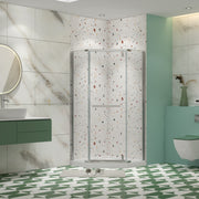 Pivot shower door, with 1/4' tempered glass , 34.75 in. x 72 in. Frameless Neo-Angle Pivot Shower Enclosure in Chrome.