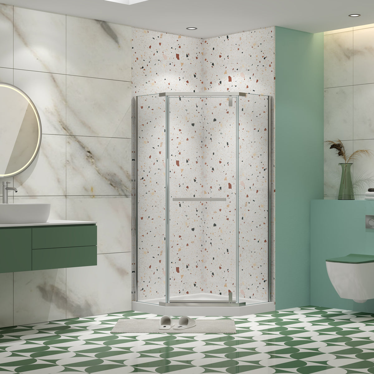 Pivot shower door, with 1/4' tempered glass , 34.75 in. x 72 in. Frameless Neo-Angle Pivot Shower Enclosure in Chrome.