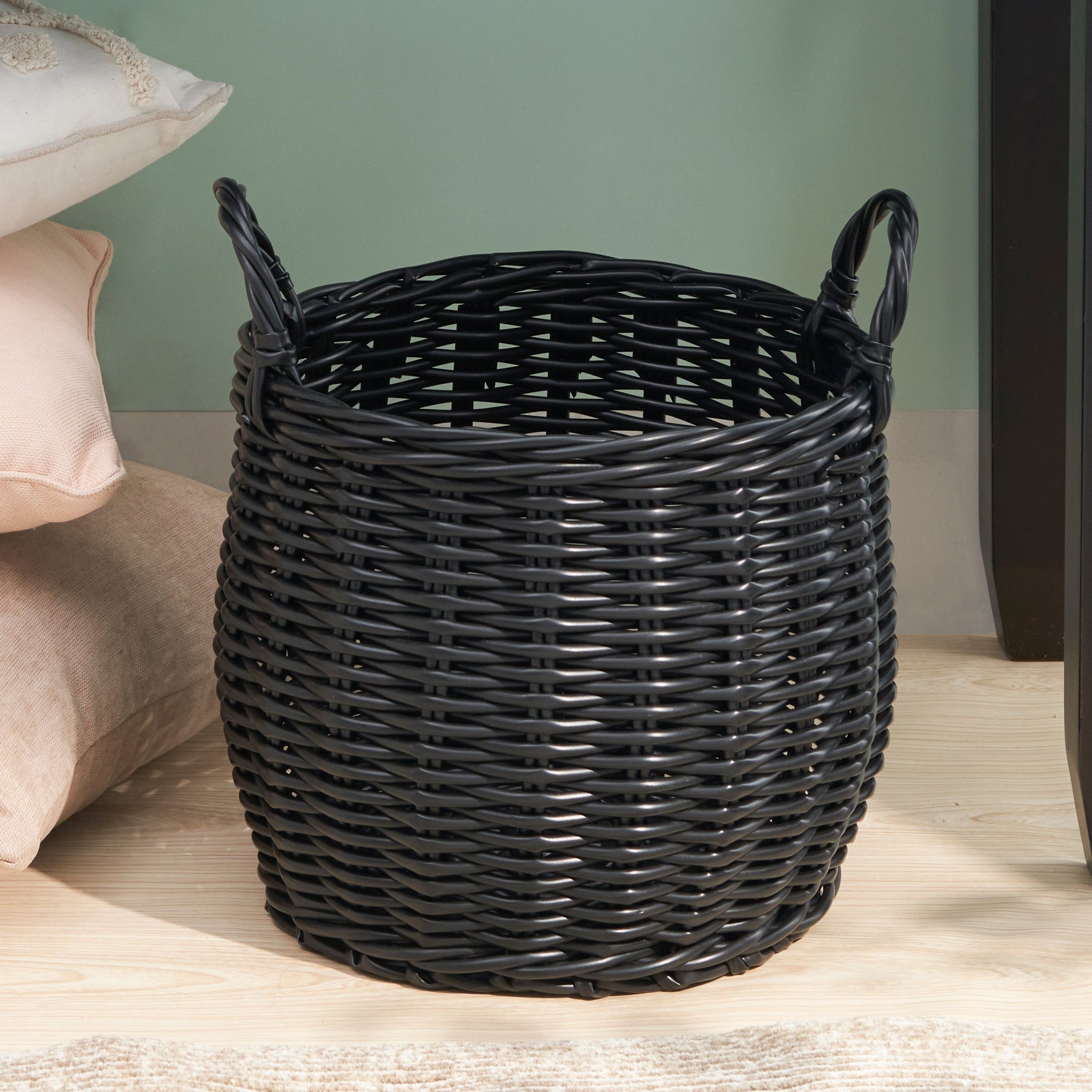 Lucius Round Resin Woven Wicker Basket with Handles - 13' x 13' x 10.2' - Black - For Clothes, Towels, Toys, Magazines Storage and Home Decoration