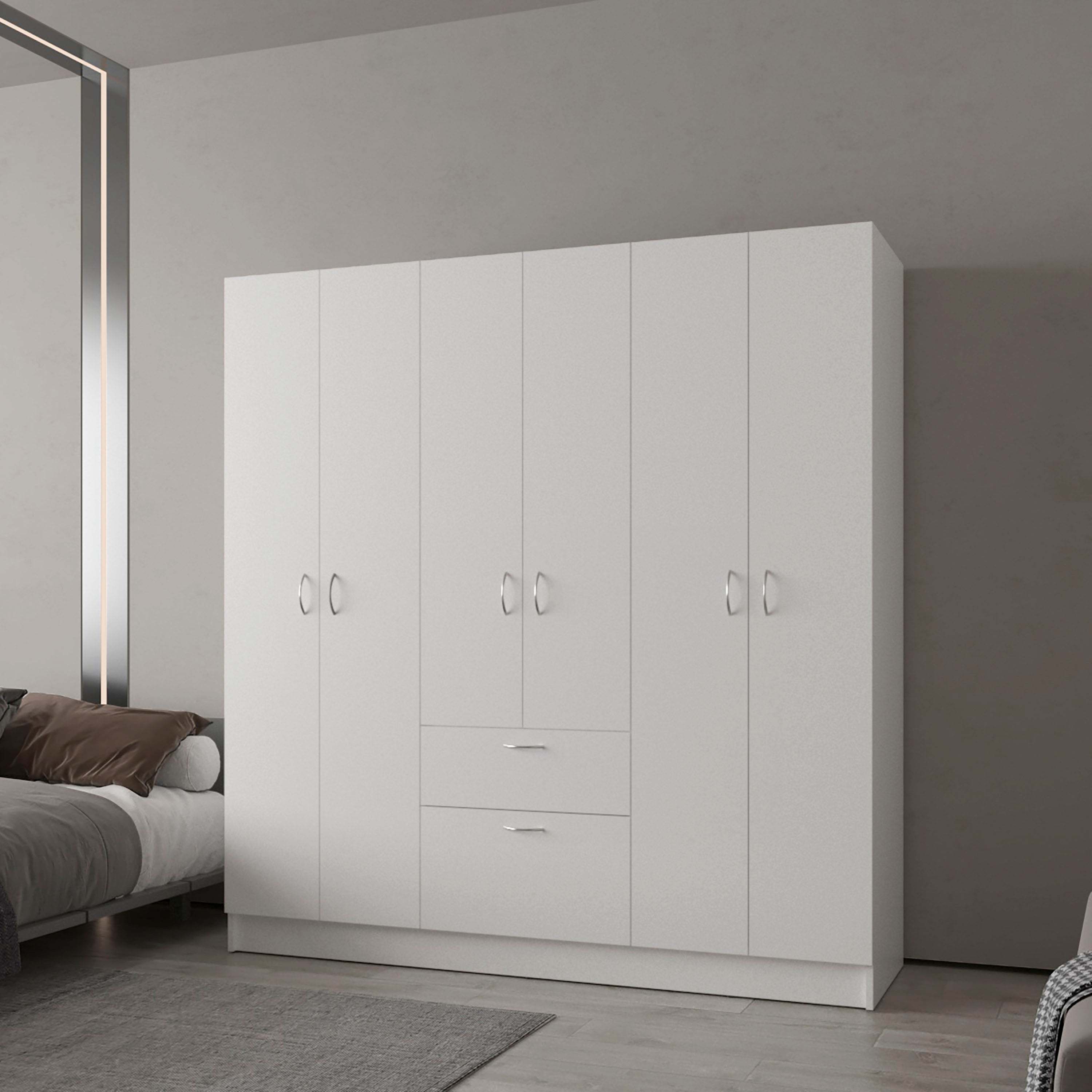 White 6-Door Wardrobe with Shelf and Drawer