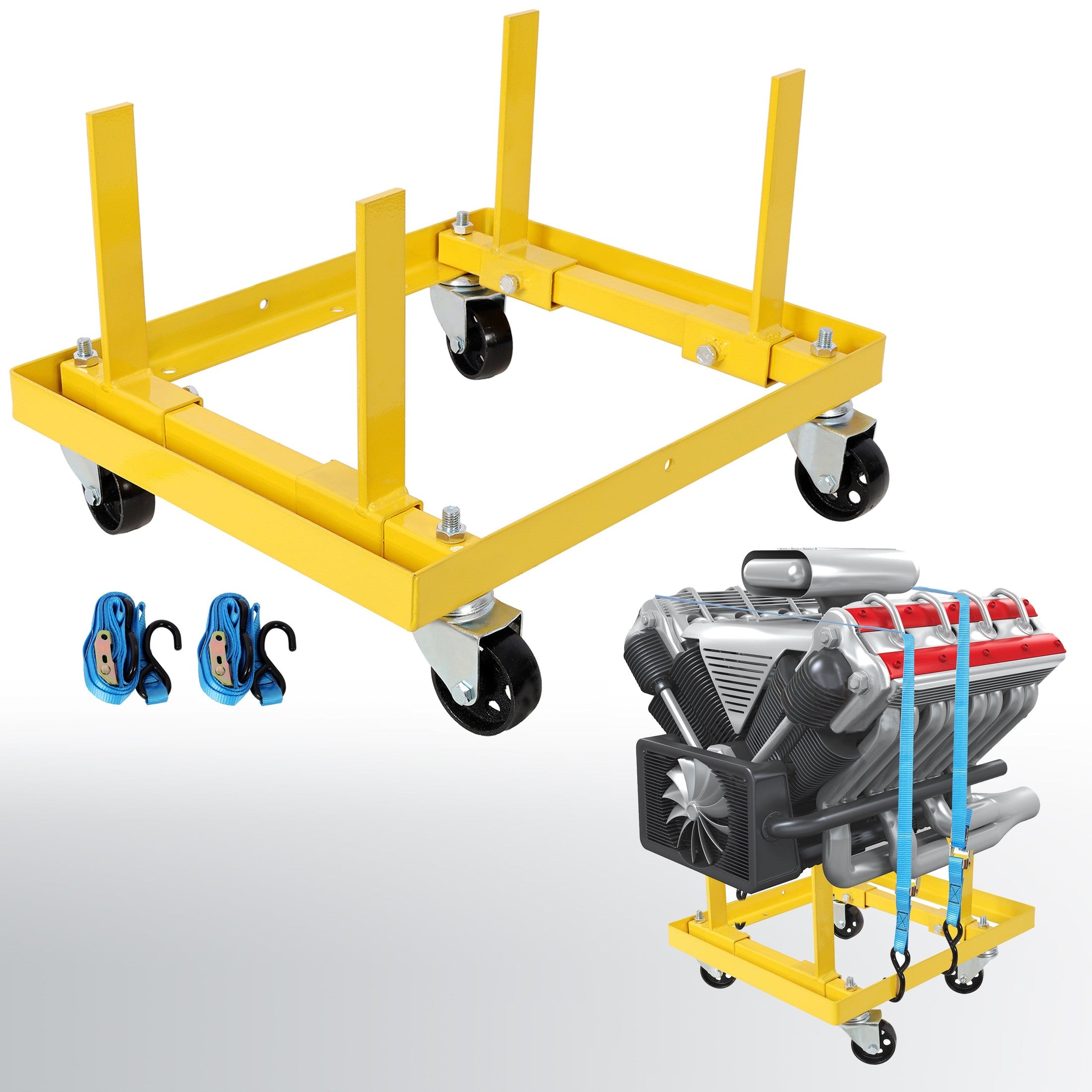 750lbs Rolling Engine Stand,Adjustable Width And Length, with 2pcs Buckle Straps,Yellow