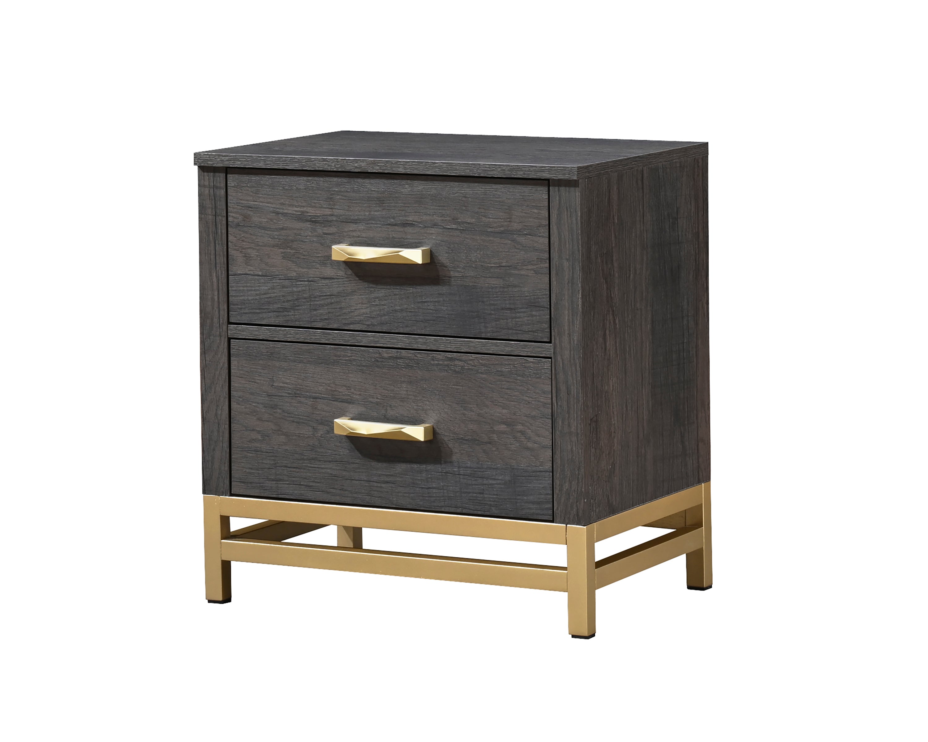 1pc Contemporary 2-Drawer Storage Nightstand Gray Finish Metal Handle Gold Finish