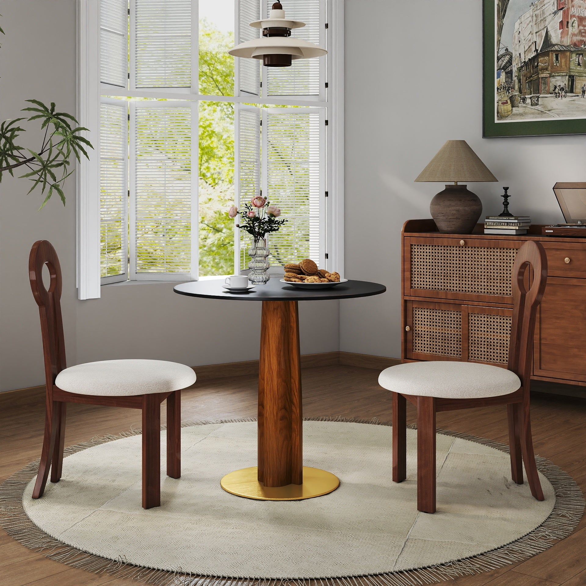 Modern Round Dining Table, 33.5' Sintered Stone Table with Wooden Leg & Gold Base, 2 - Person Kitchen Table for Small Space, 150lbs Weight Capacity(Only the Negotiation Table)