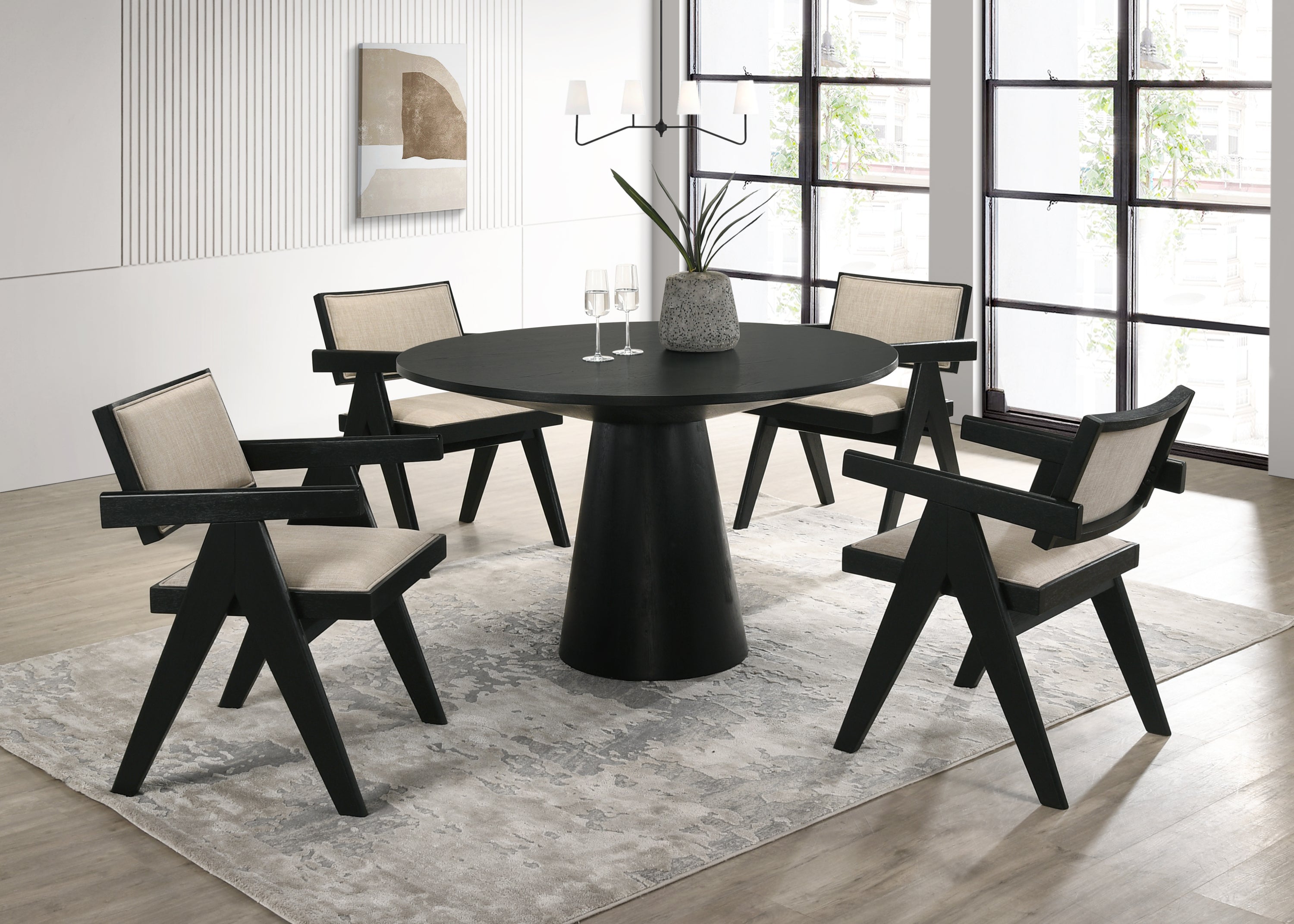 Jasper 5Pc Ebony Black 47'W Round Dining Set with Pedestal Base