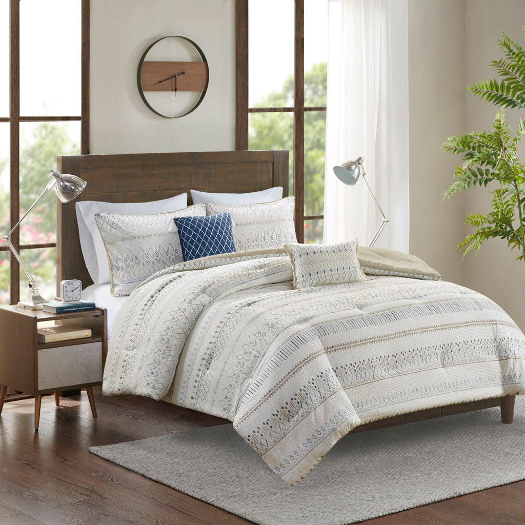 5 Piece Printed Seersucker Comforter Set with Throw Pillows Taupe/Blue King/Cal King