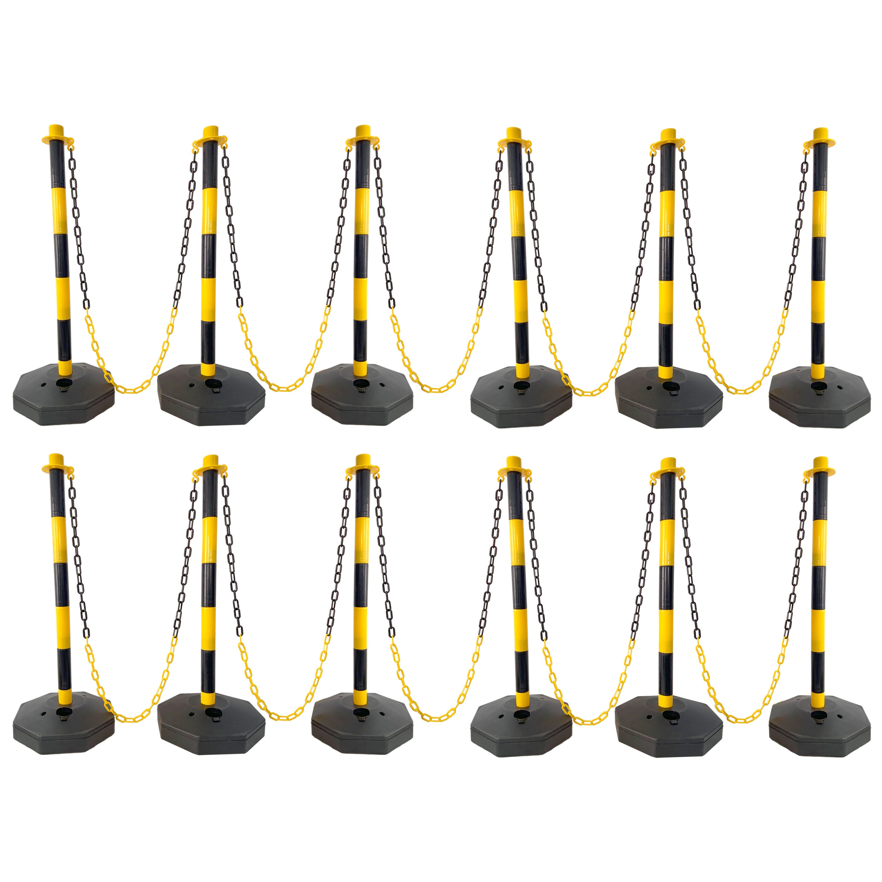 12 Pack Traffic Delineator Post Cones with Fillable Base, Adjustable Plastic Safety Barrier with 5Ft Plastic Chain, Outdoor and Indoor Crowd Control Stanchion for Traffic Control and warning Y/B