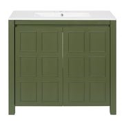 36' Olive Green Bathroom Vanity Organizer with Ceramic Sink, Elegant Storage Cabinet