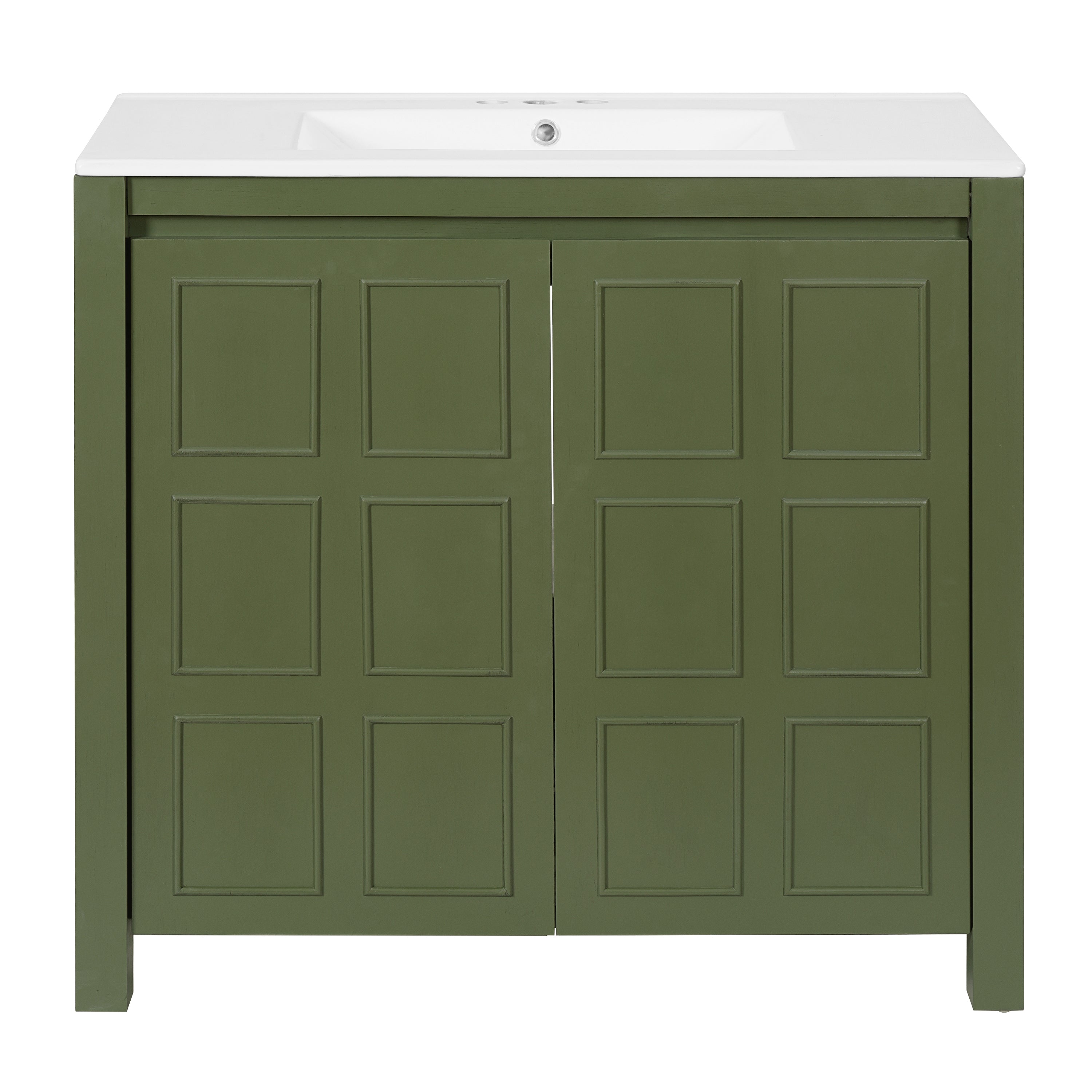 36' Olive Green Bathroom Vanity Organizer with Ceramic Sink, Elegant Storage Cabinet