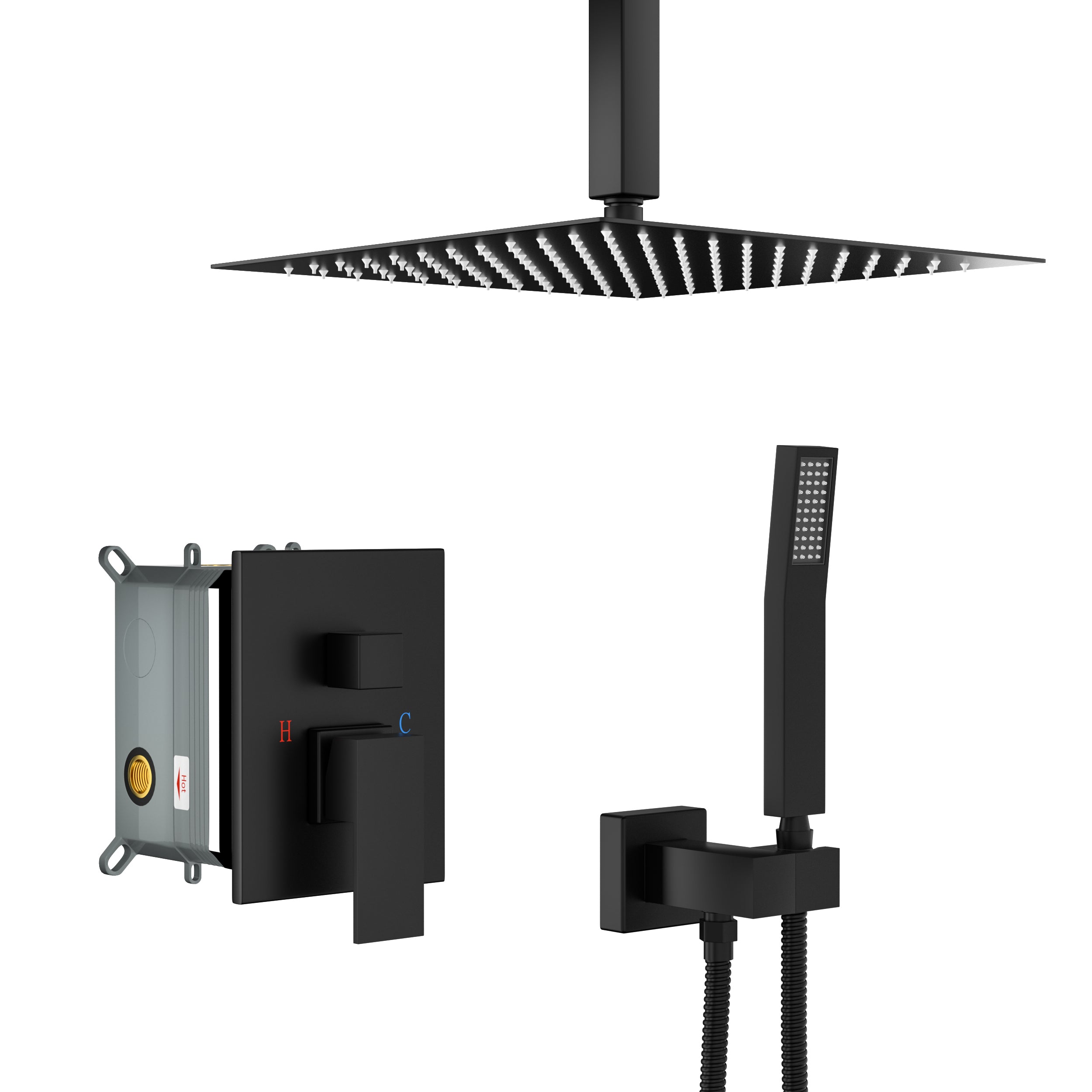 Matte Black Dual Shower Head System with 16 Inch Square Ceiling Mount and Rough-in Valve